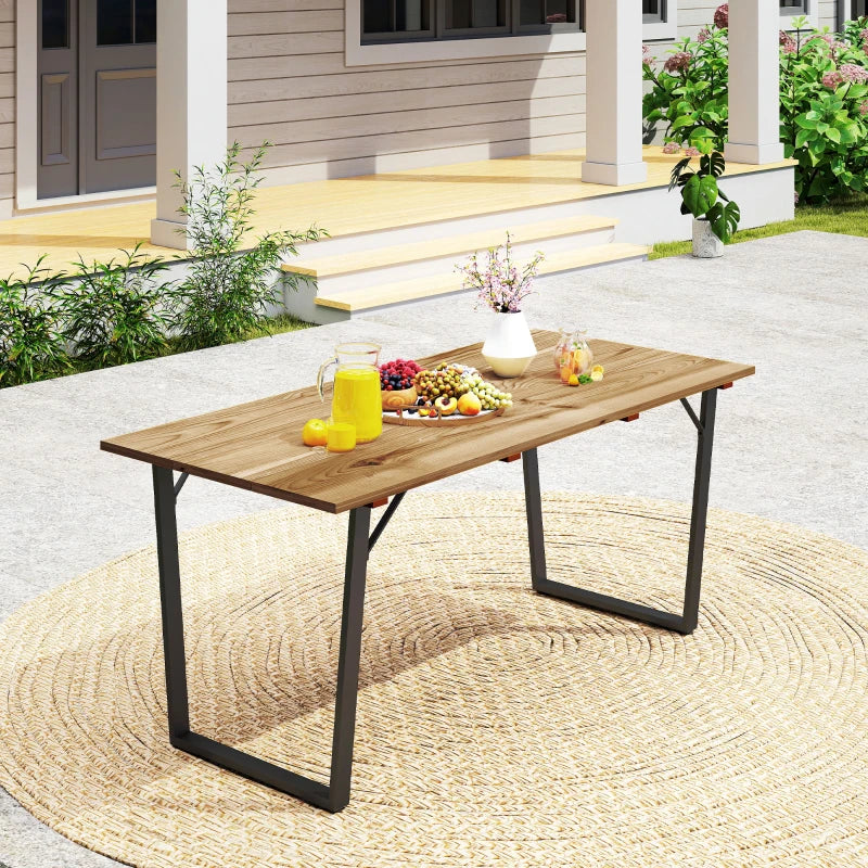 Wooden Outdoor Dining Table for 6 with 2" Umbrella Hole, Slatted Tabletop, Metal Frame, for Yard, Deck, Lawn