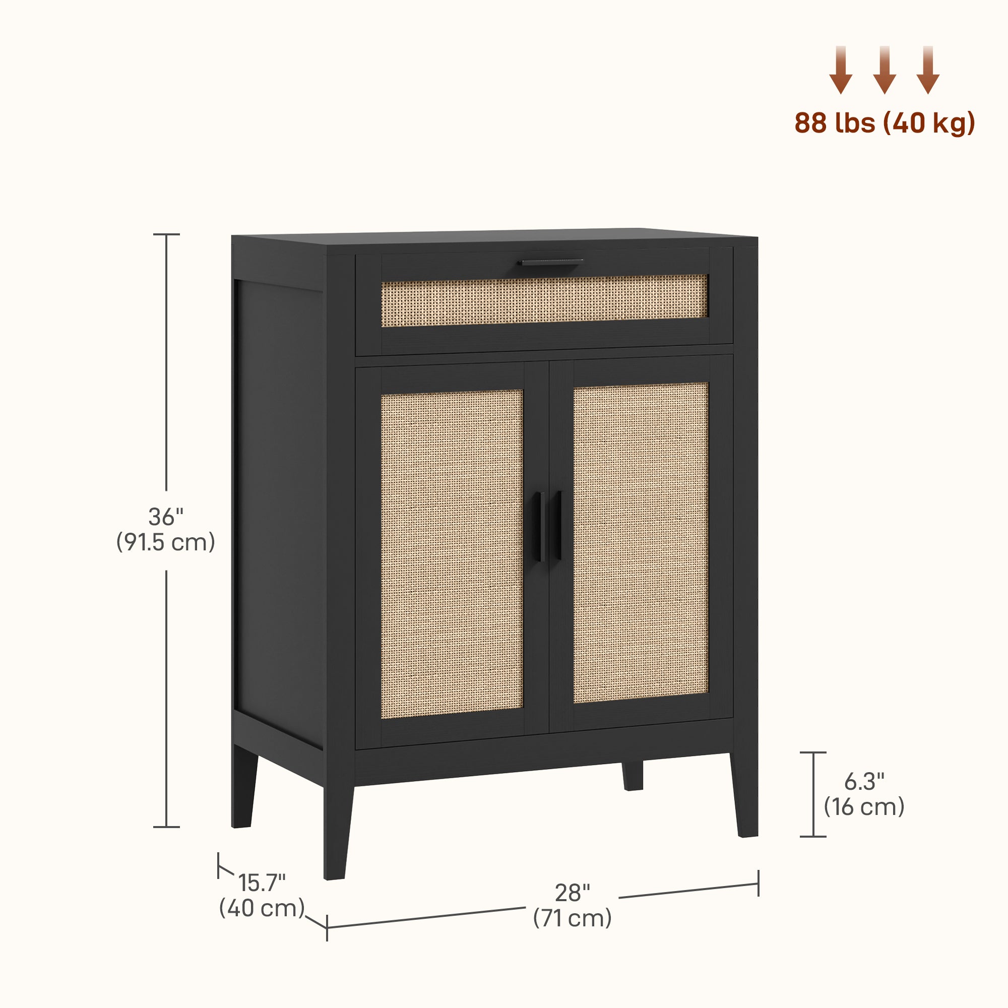 HOMCOM Kitchen Buffet Cabinet Boho Storage Cabinet 2 Rattan Decorated Doors Drawer Dining Room Black