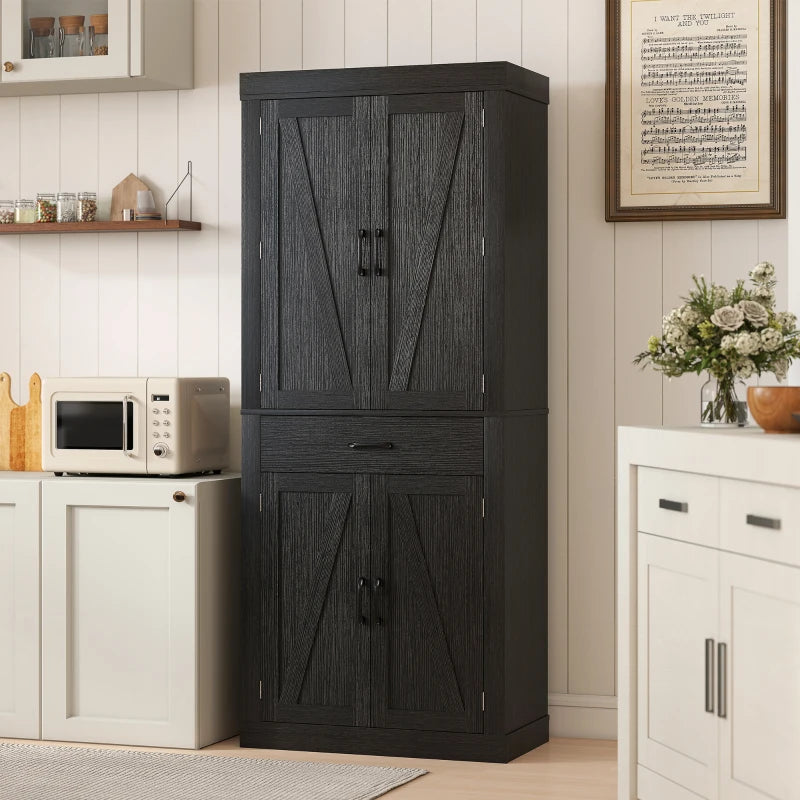 72" Kitchen Pantry Cabinet, Farmhouse Kitchen Storage Cabinet with 4 Barn Doors, 6 Door Shelves, Drawer, Black