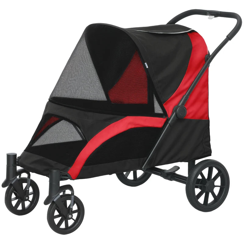 Foldable Pet Stroller for Large Dogs with Four Big Wheels, Shock-Absorbing Frame, Safety Leashes, Brakes, Black