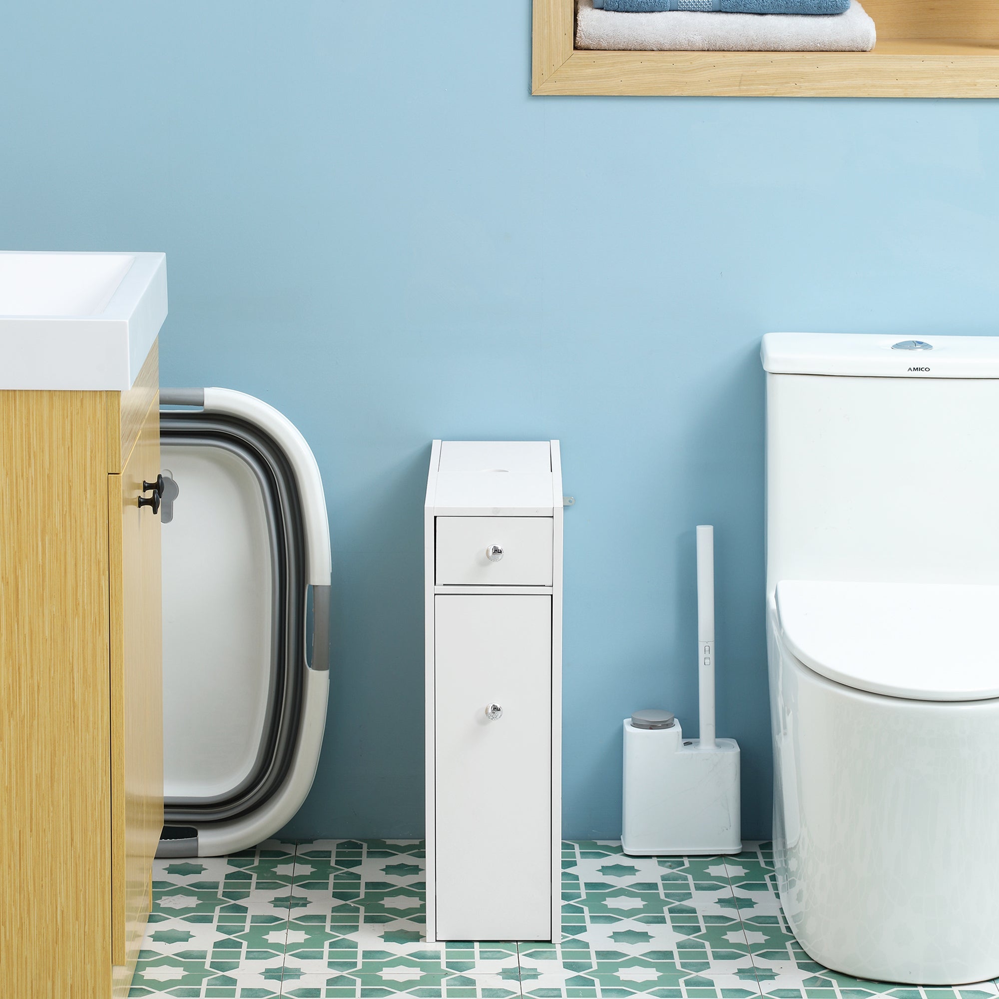 HOMCOM Compact Bathroom Storage Cabinet: White Space Saver, Toilet Paper Holder, Narrow Cabinet