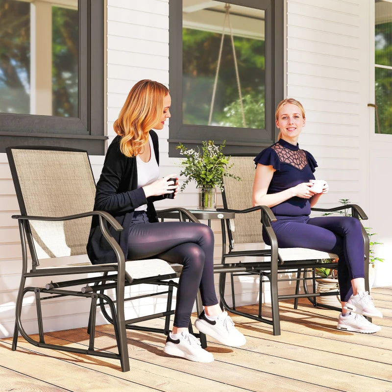 Double Patio Glider Chair with Glass Top Center Table, Outdoor Glider Loveseat with High Back, All Weather Breathable Mesh Fabric for Garden, Backyard, Deck, Light Brown