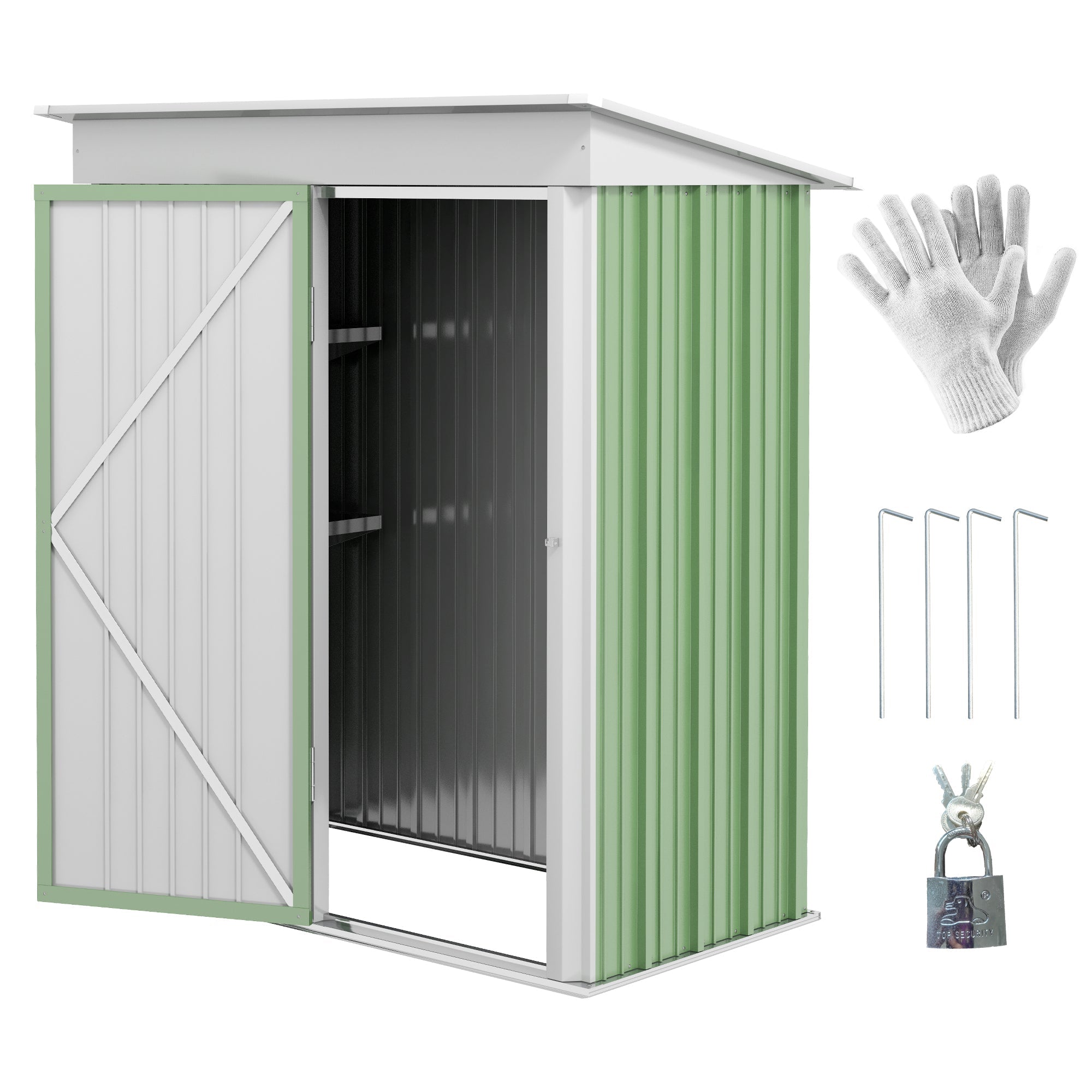 Outsunny Small Outdoor Storage Shed 5'x3'x6' - Garden Tool Bike Shed with Adjustable Shelf, Lock, Gloves, Green