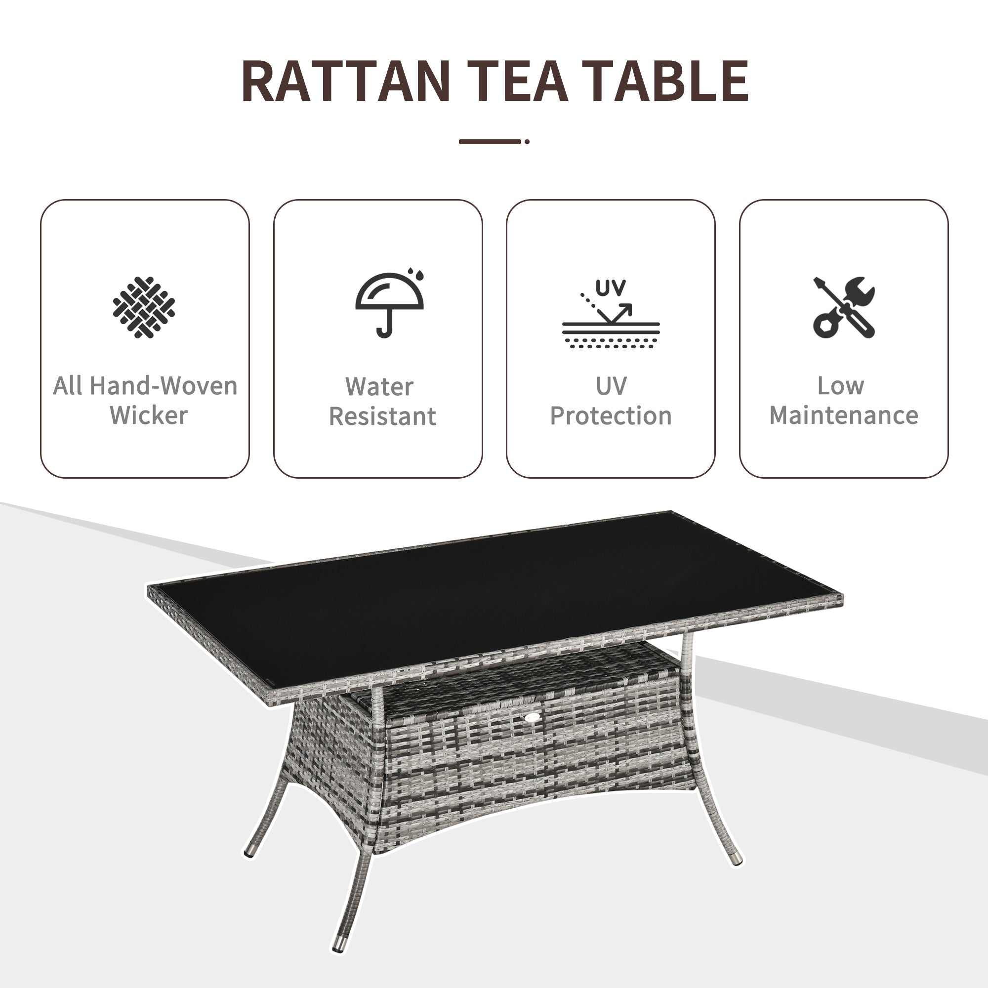 Outsunny Patio Rattan Dining Table with Glass Top Storage Shelf Yard Furniture 59"x34"x29" Grey