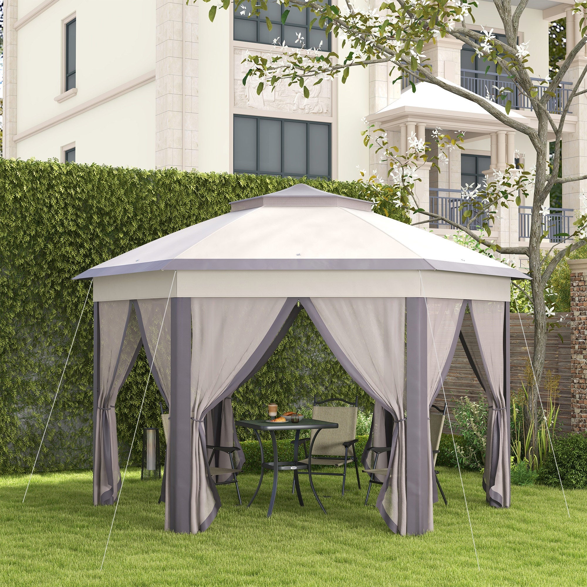 Outsunny Pop Up Patio Gazebo 13'x13', Double Roof Hexagon, Instant Outdoor Shelter with Netting, Coffee/Beige