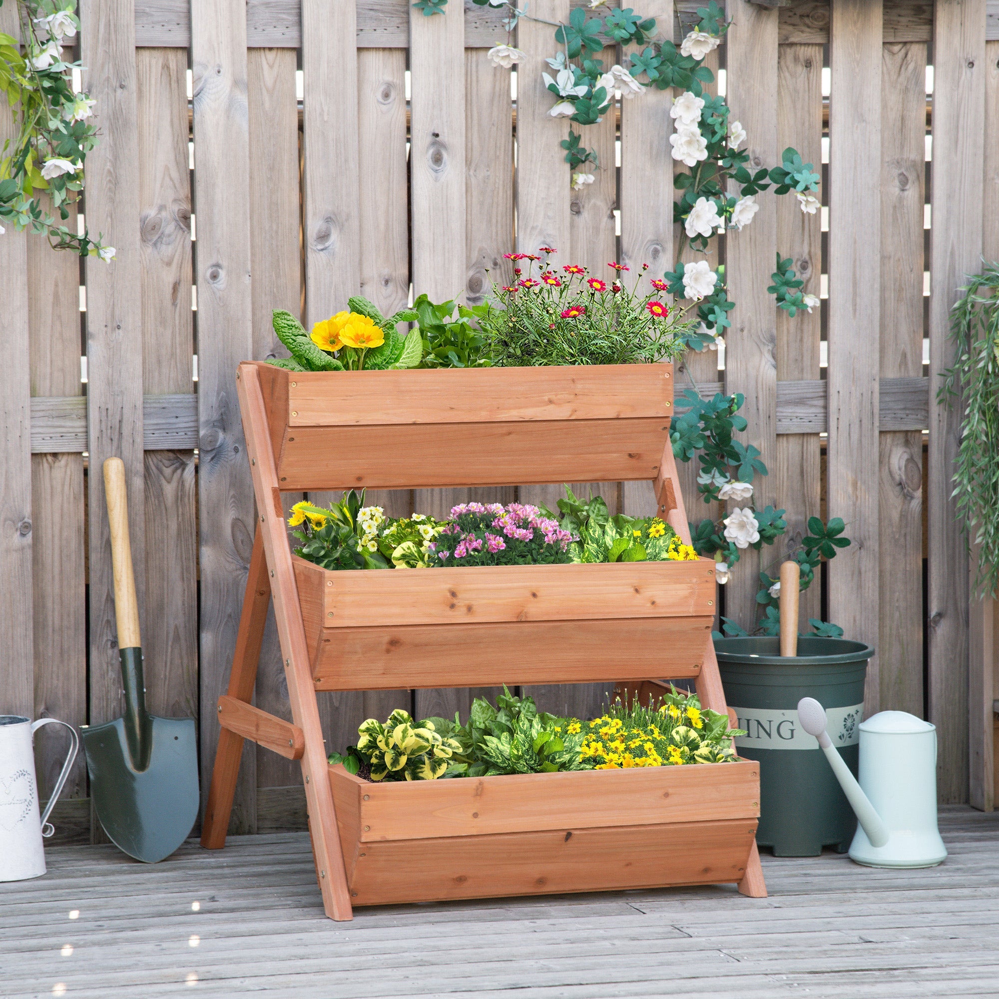 Outsunny 3 Tier Wooden Elevated Garden Bed 26"x30"x30" - Perfect for Growing Flowers, Vegetables, Herbs, Sturdy Design, Brown