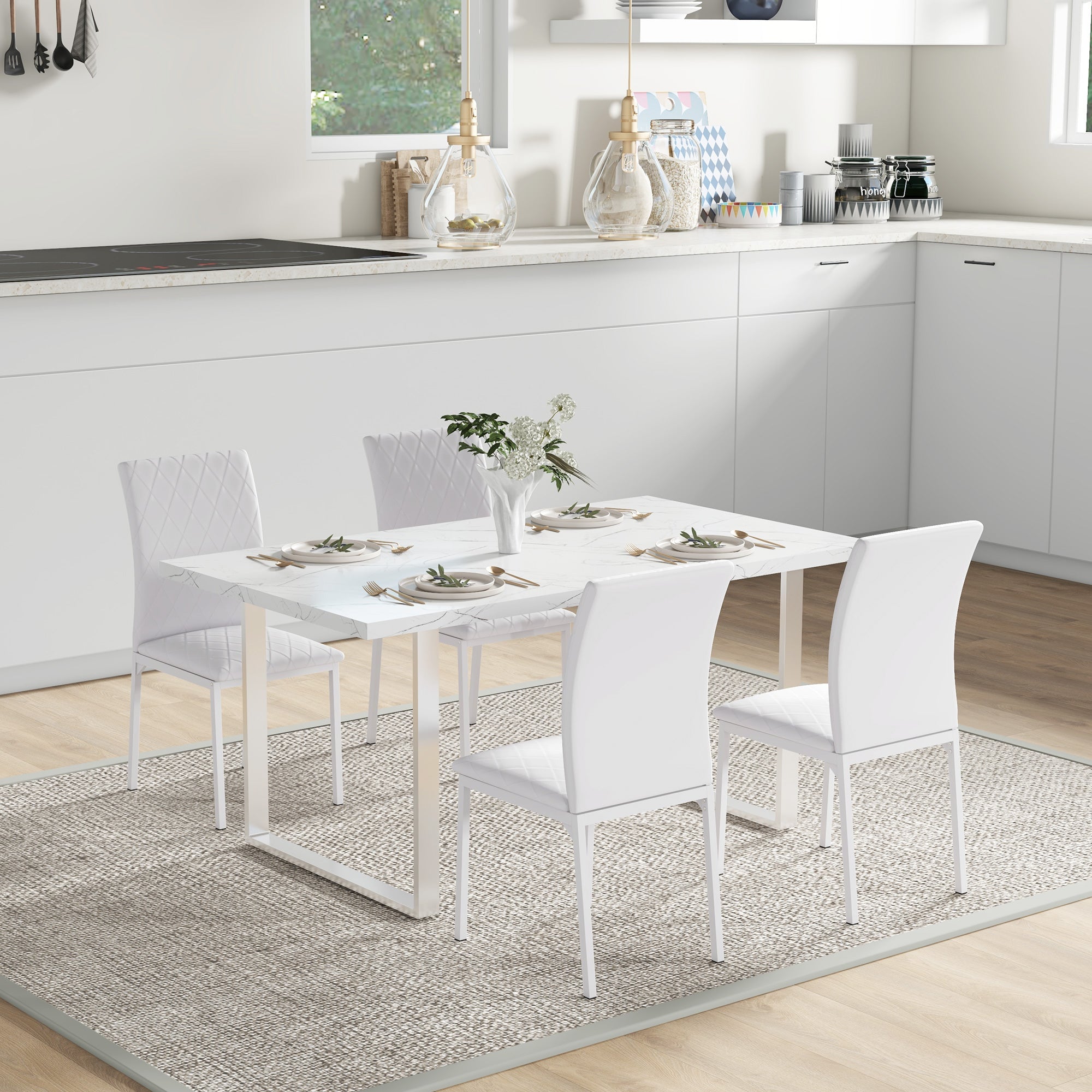 HOMCOM Modern Set of 4 Upholstered Faux Leather Dining Accent Chairs with Metal Legs for Kitchen White