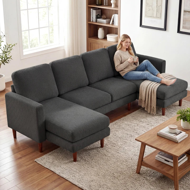 Sectional Sofa, Corduroy U Shaped Couch with Double Chaise and Spring Cushions, 2200lb Capacity, Dark Grey