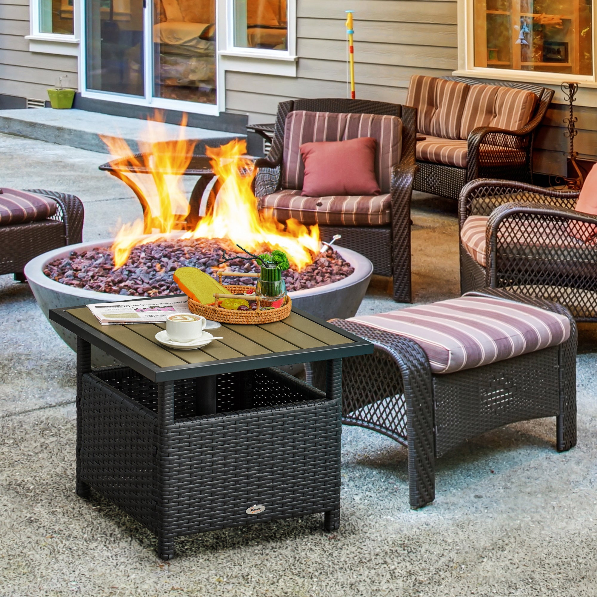 Outsunny 22" Square Steel PE Rattan Wicker Table With Umbrella Hole Patio Dining Side Table Used as Umbrella Stand Black
