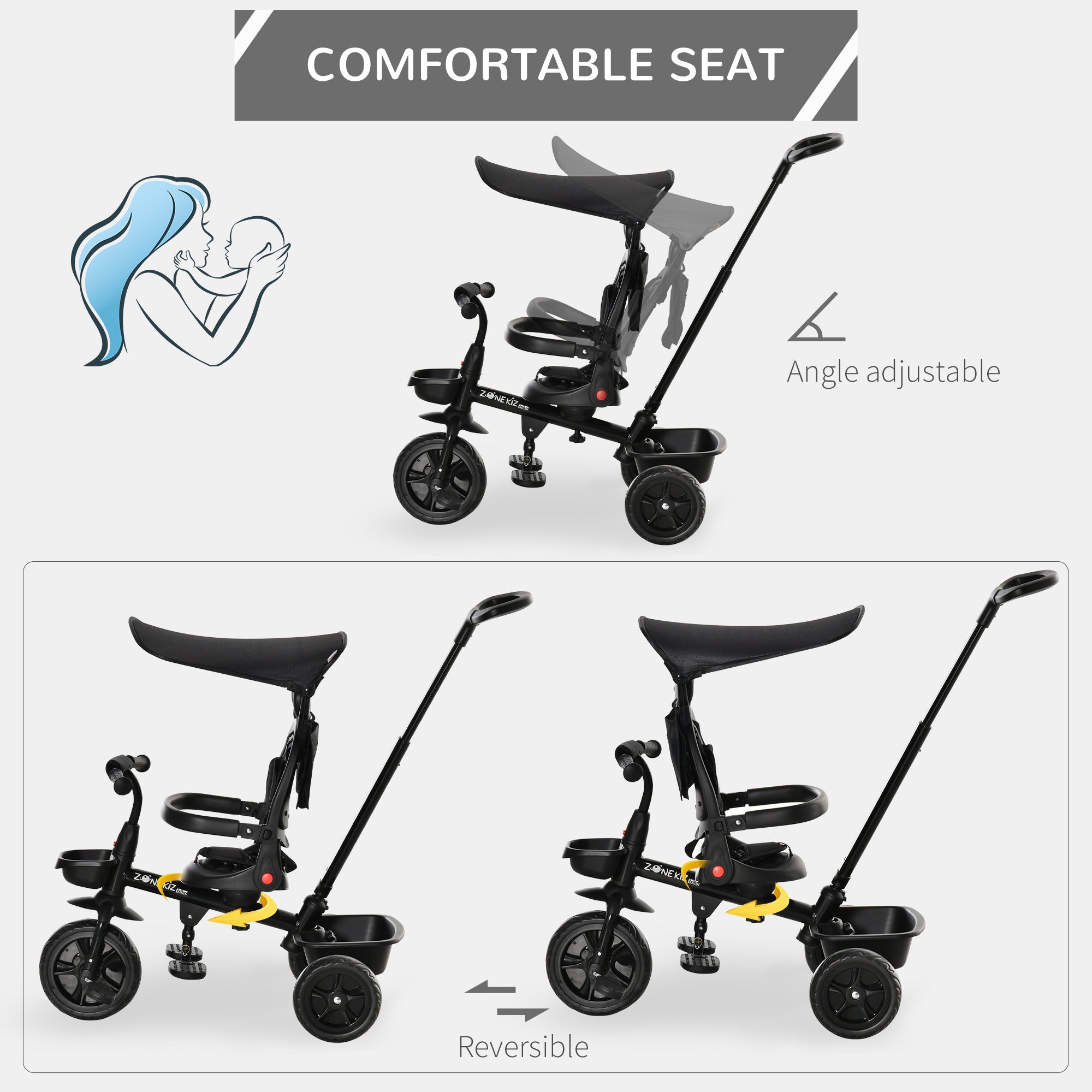 Qaba 4-in-1 Baby Tricycle Stroller with Reversible Seat, Adjustable Handle, Canopy, Safety Belt, Storage - Black