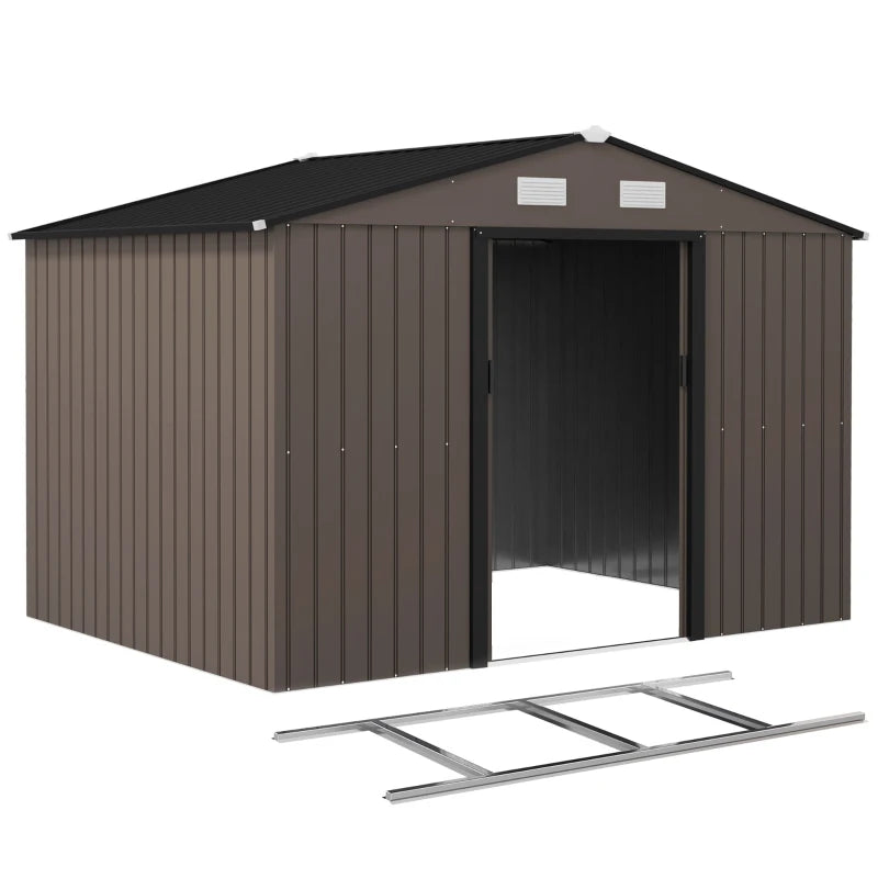 9.1'x6.4'x6.3' Garden Storage Shed w/ Foundation Kit Metal Tool Storage House w/ Double Doors Brown