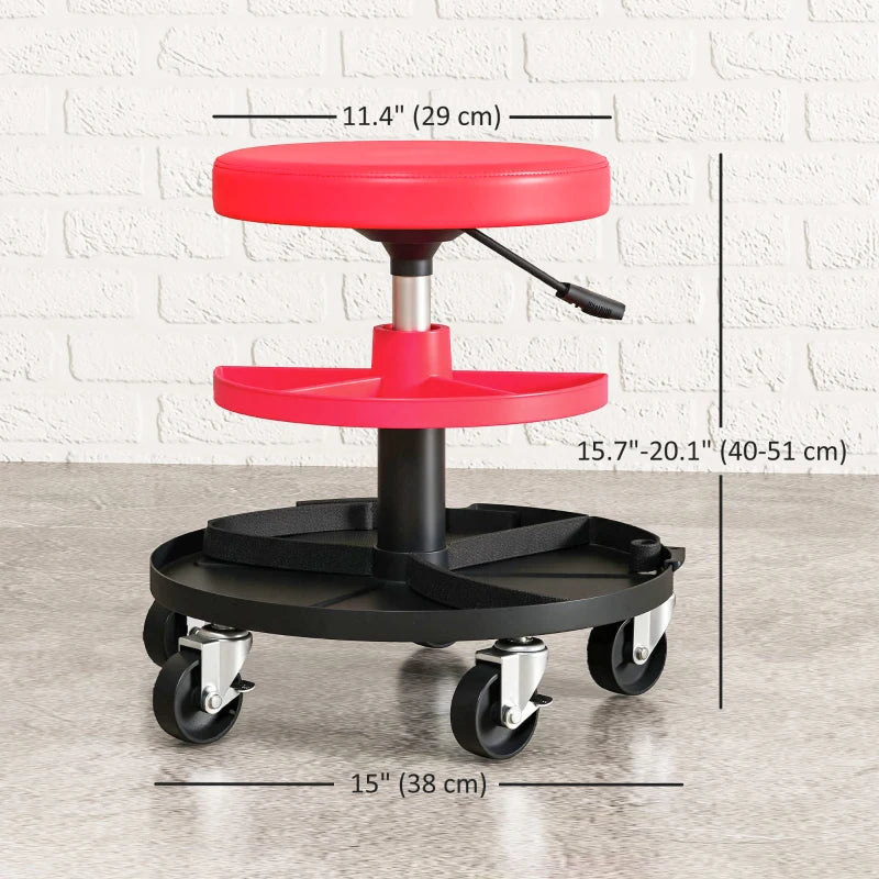 Rolling Garage Stool, 300 LBS Capacity Mechanic Stool with 2.5" Wheels, Tool Trays Storage, Adjustable Height, Red