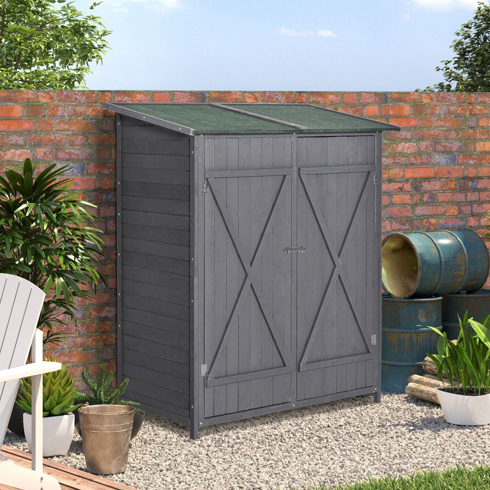 Outsunny Wooden Garden Shed Asphalt Roof Double Door Outdoor Storage Shelf Green Grey