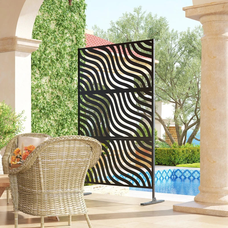 Metal Outdoor Privacy Screen, Freestanding Outdoor Divider with Stand, 78" x 48", Black
