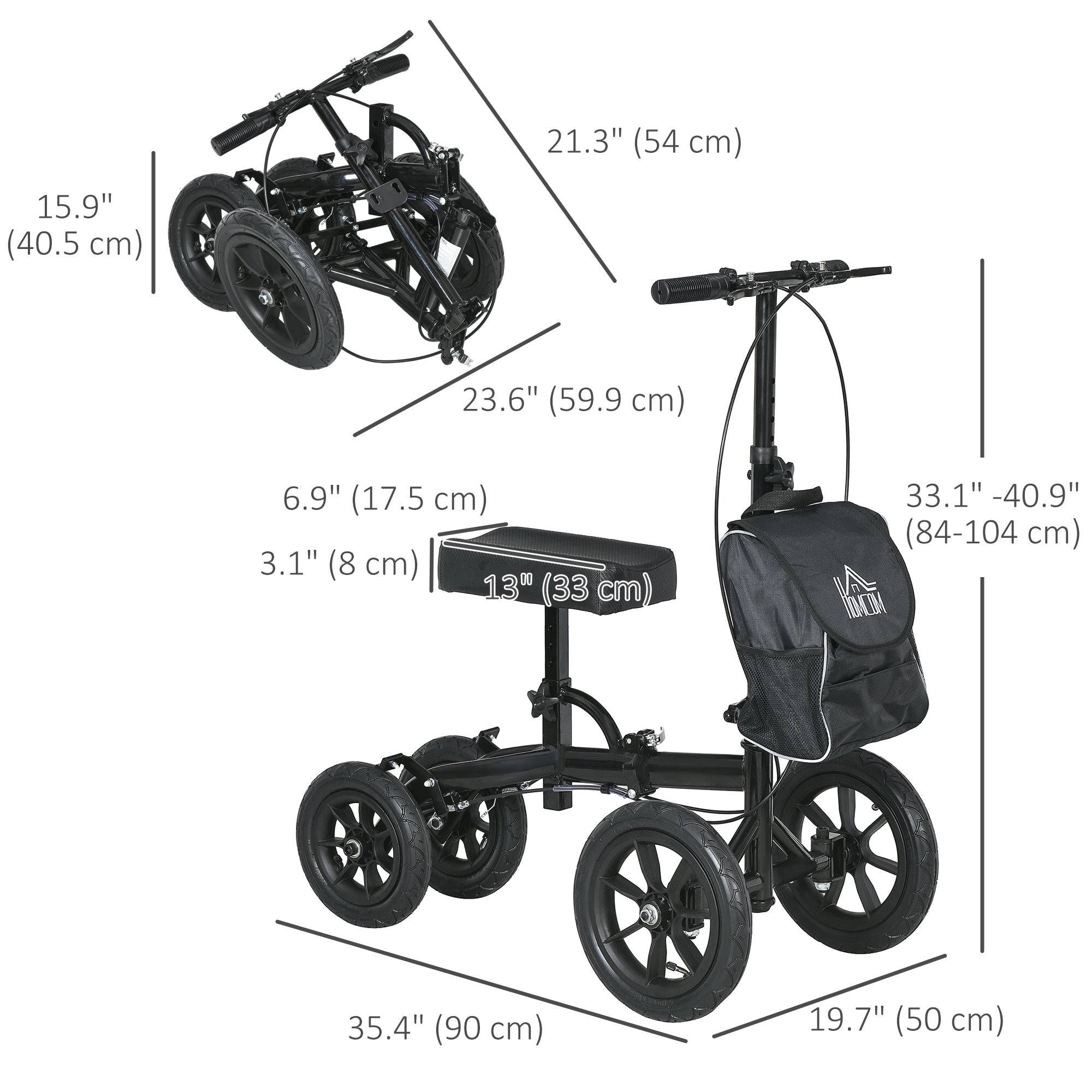 HOMCOM Knee Walker Steerable Scooter Foldable Crutch Alternative Dual Brakes Rubber Wheels Adjustable Height Black