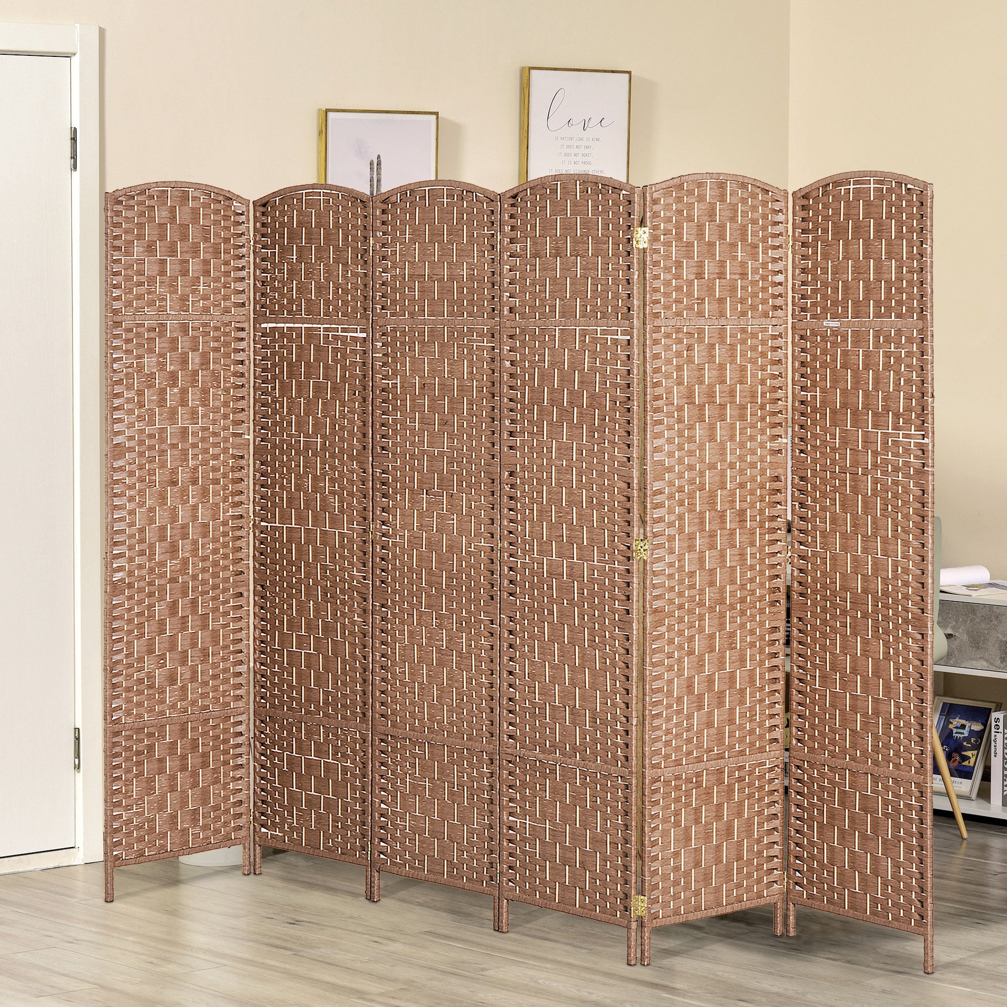 HOMCOM Farmhouse Chic Room Divider: 6-Panel Folding Wooden Frame Partition for Bedroom Spaces, Natural Finish