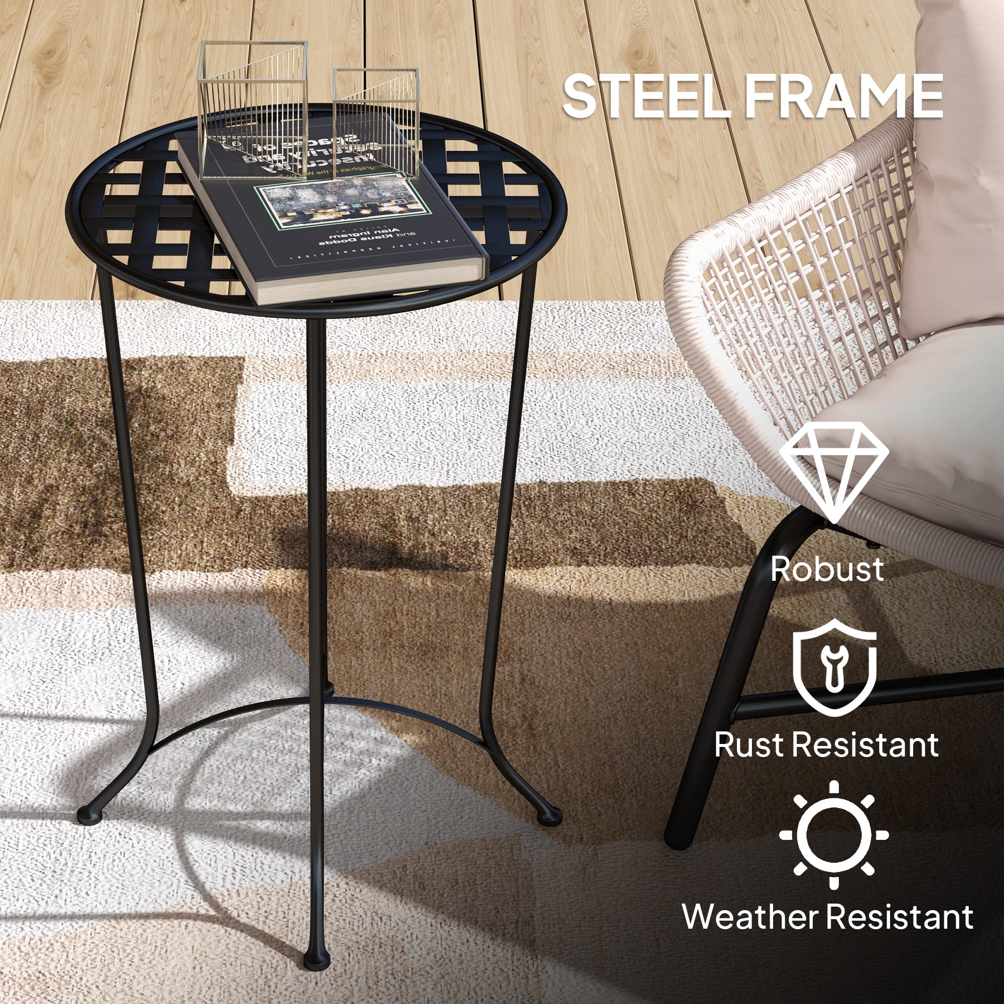 Outsunny 16" Round Outdoor Table, Small Patio Side Table, Metal End Table Plant Stand with Grid Top for Indoor, Garden, Black