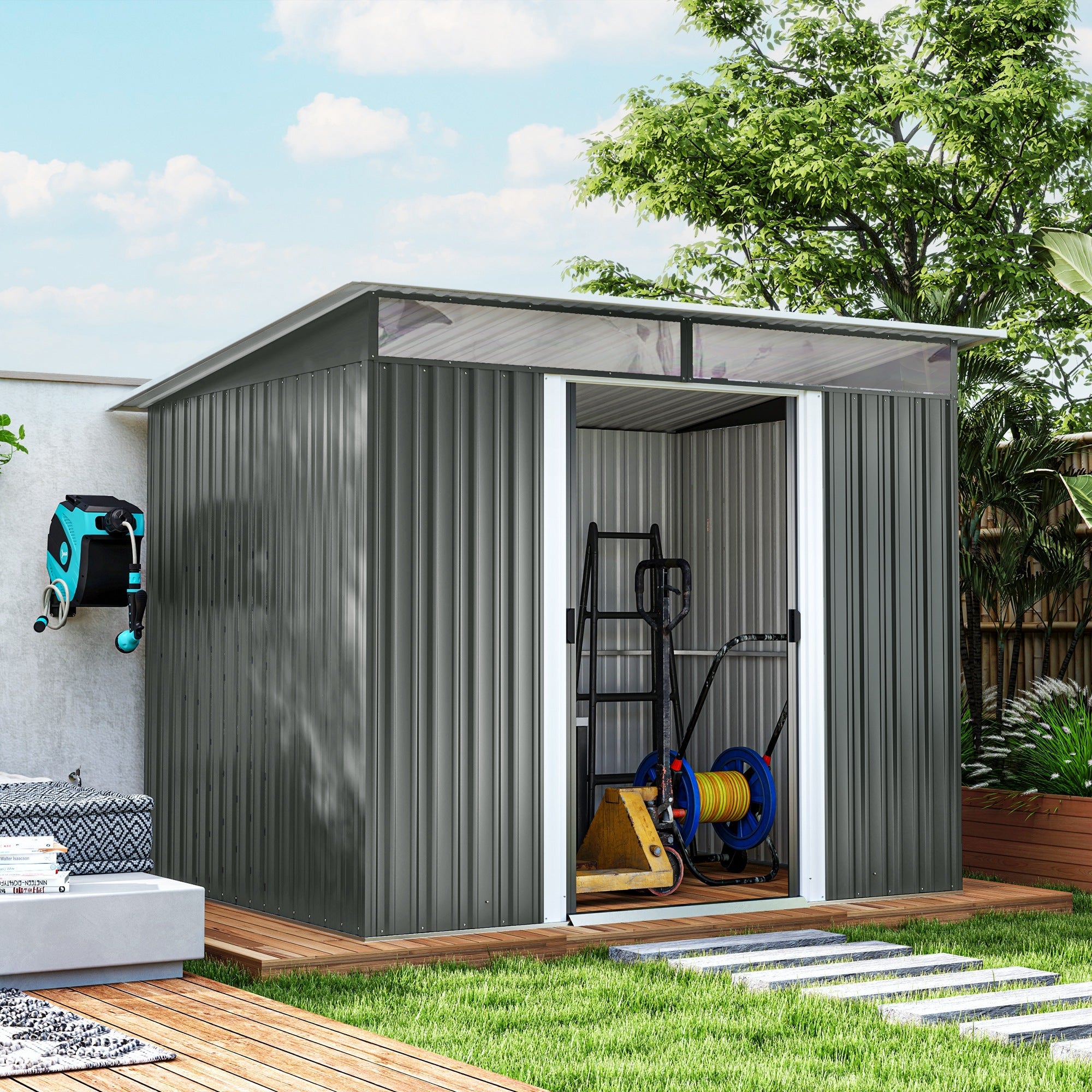 Outsunny 6' x 8.5' Outdoor Metal Garden Shed Utility Tool Storage Steel Backyard House, Dark Grey