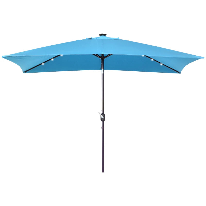 6.5x10ft Patio Umbrella Rectangle Solar Powered Tilt Aluminum Outdoor Market Parasol with LEDs Crank (Turquoise)