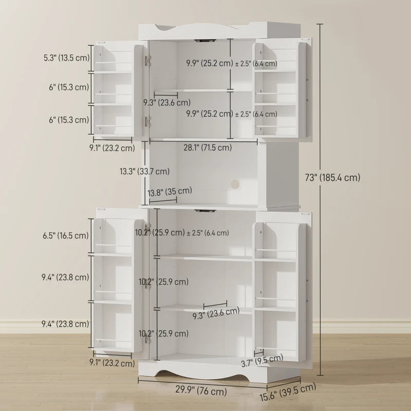 73" Kitchen Pantry Cabinet, Freestanding Kitchen Hutch with 12 Door Shelves, Adjustable Shelves, Microwave Stand, White