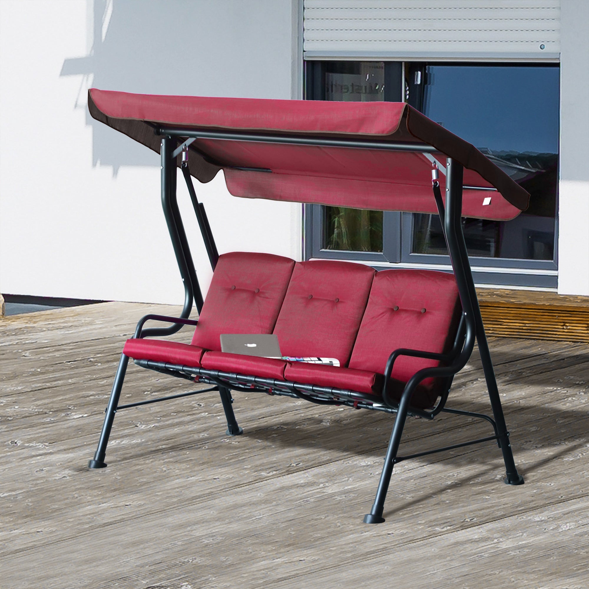 Outsunny Porch Swing Chair 3-Person Outdoor Metal Garden Swing with Canopy Stand Durable Wine Red