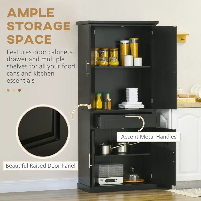 72" Kitchen Pantry Cabinet, Freestanding Storage Cabinet, 4-Door Cabinet with Drawer and Adjustable Shelves, Black