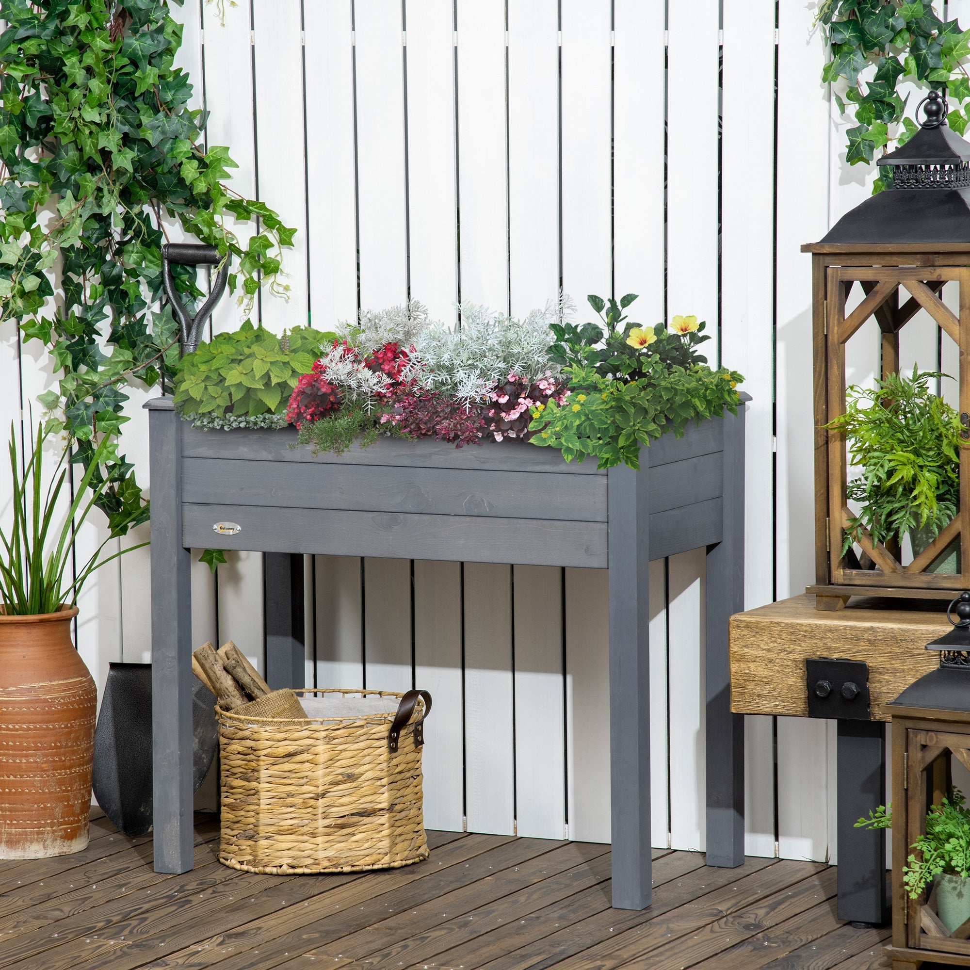 Outsunny Elevated Wooden Planter Box 34"x18"x30" with Legs, Drainage, Inner Bag for Easy Gardening - Dark Grey