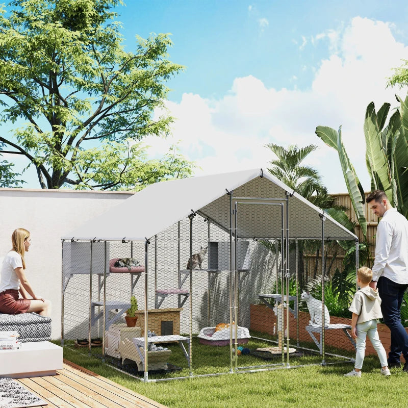 94.5" Extra Large Metal Outdoor Catio with Waterproof Cover, 2 Resting Boxes, 7 Platforms, for Multiple Rabbits, Chicken