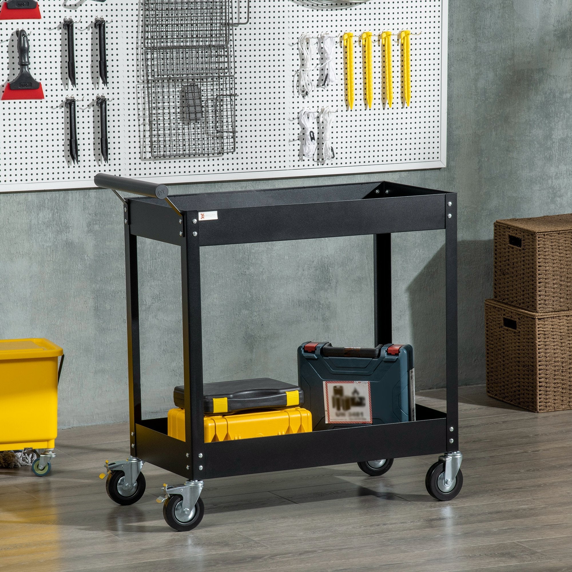 DURHAND Mobile Tool Station: 2-Tier Rolling Steel Utility Cart with 330lbs Capacity for Workshops & Garages, Black