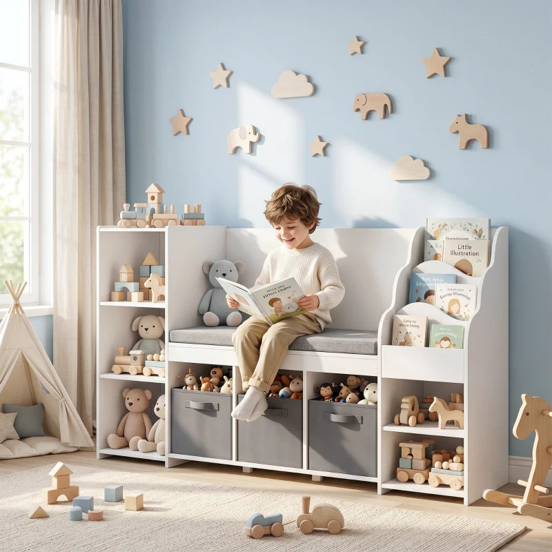 Qaba Kids Storage Shelf with Reading Nook, Toy Organizer with Cushion Seat, Bookshelf, 4 Cubbies & 3 Fabric Drawers for Playroom and Nursery