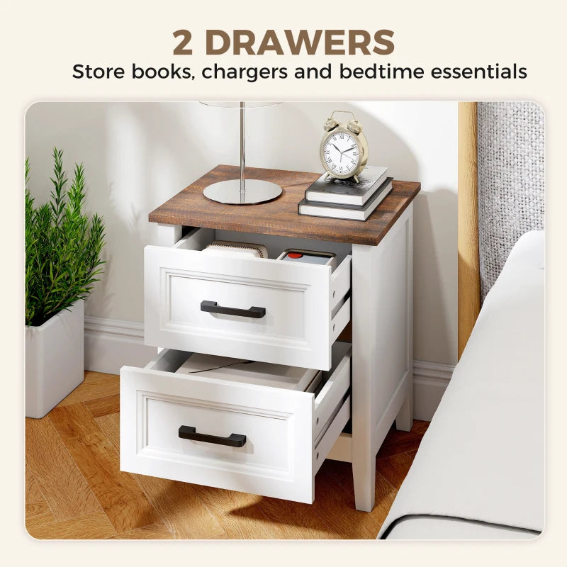 HOMCOM Farmhouse Nightstand Set of 2 with 2 Drawers, Wood-Effect Top Bedside Tables for Bedroom & Living Room – White