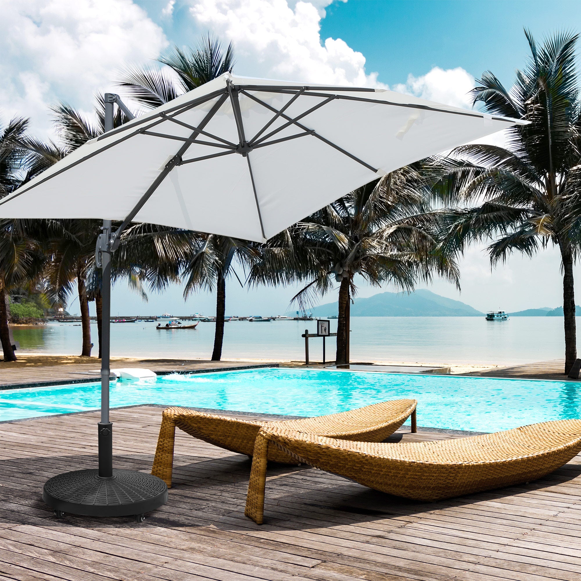 Outsunny Resin Patio Umbrella Base 20.5" Round Outdoor Parasol Stand with Braked Wheels Offset Garden Holder