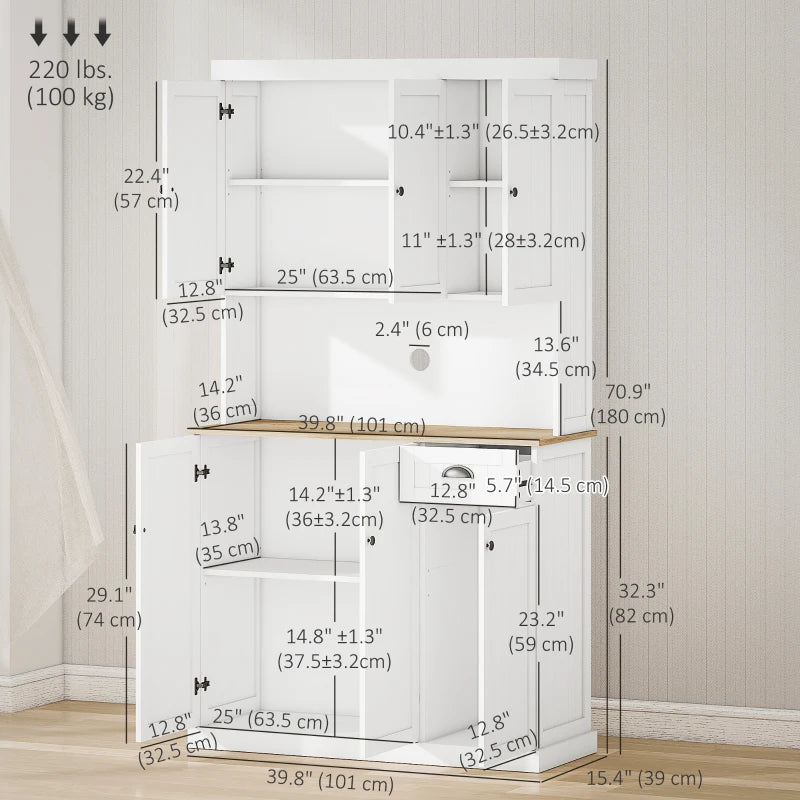 71" Kitchen Pantry Buffet with Hutch Storage Cabinet Microwave Oven Stand with Drawer, White, Oak