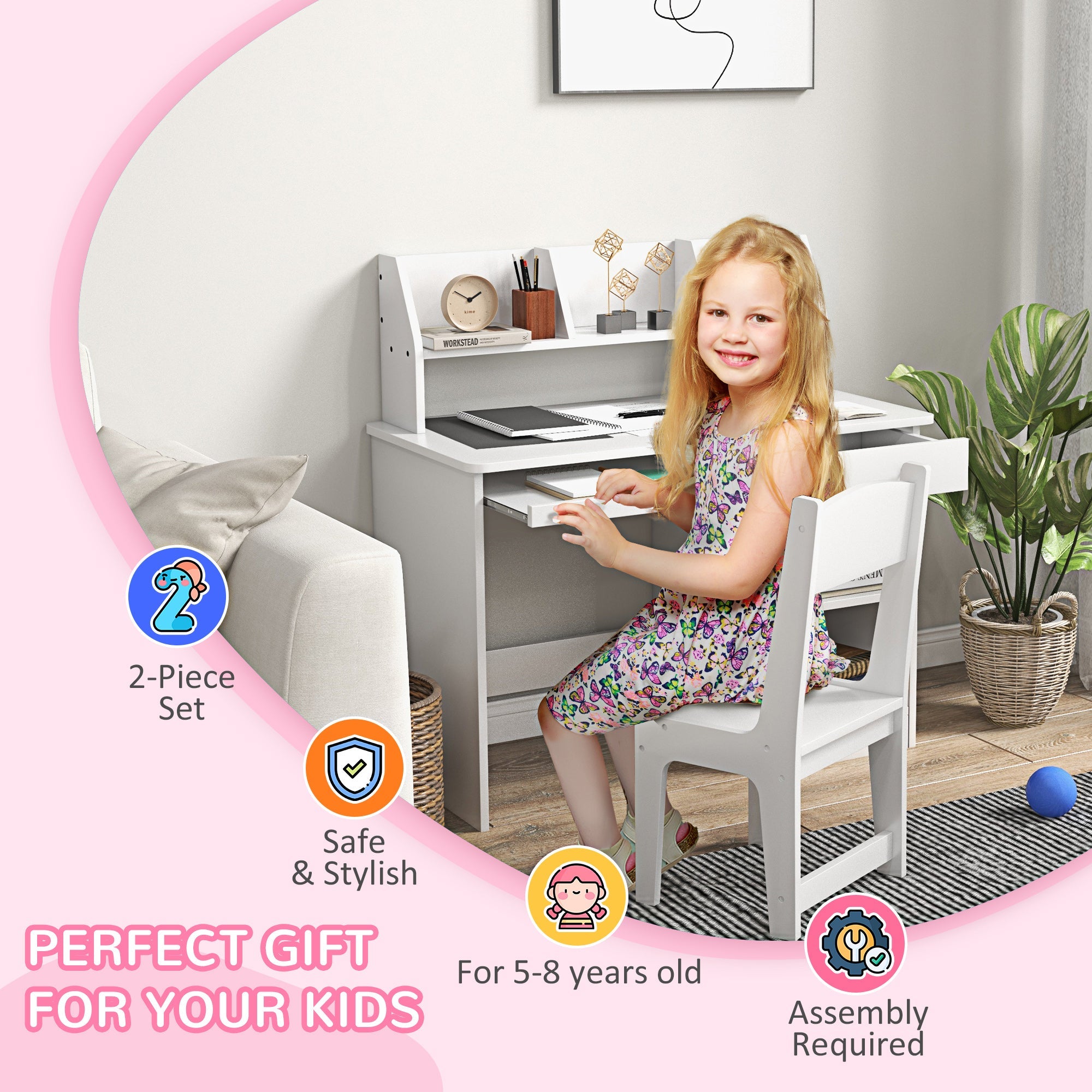 Qaba Kids Desk and Chair Set for 5-8 Year Old with Storage Study Table and Chair for Children White