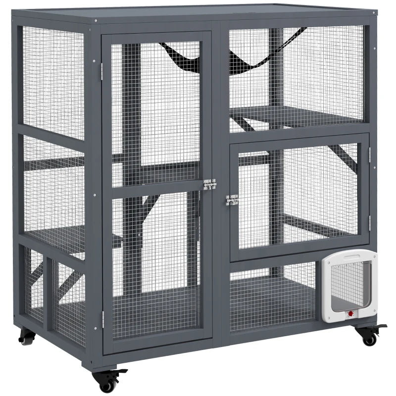 Cat Condo Wooden Indoor Cat House on Wheels with Cat Flap Door Platforms Hammock Openable Top for 2 Cats, Light Grey