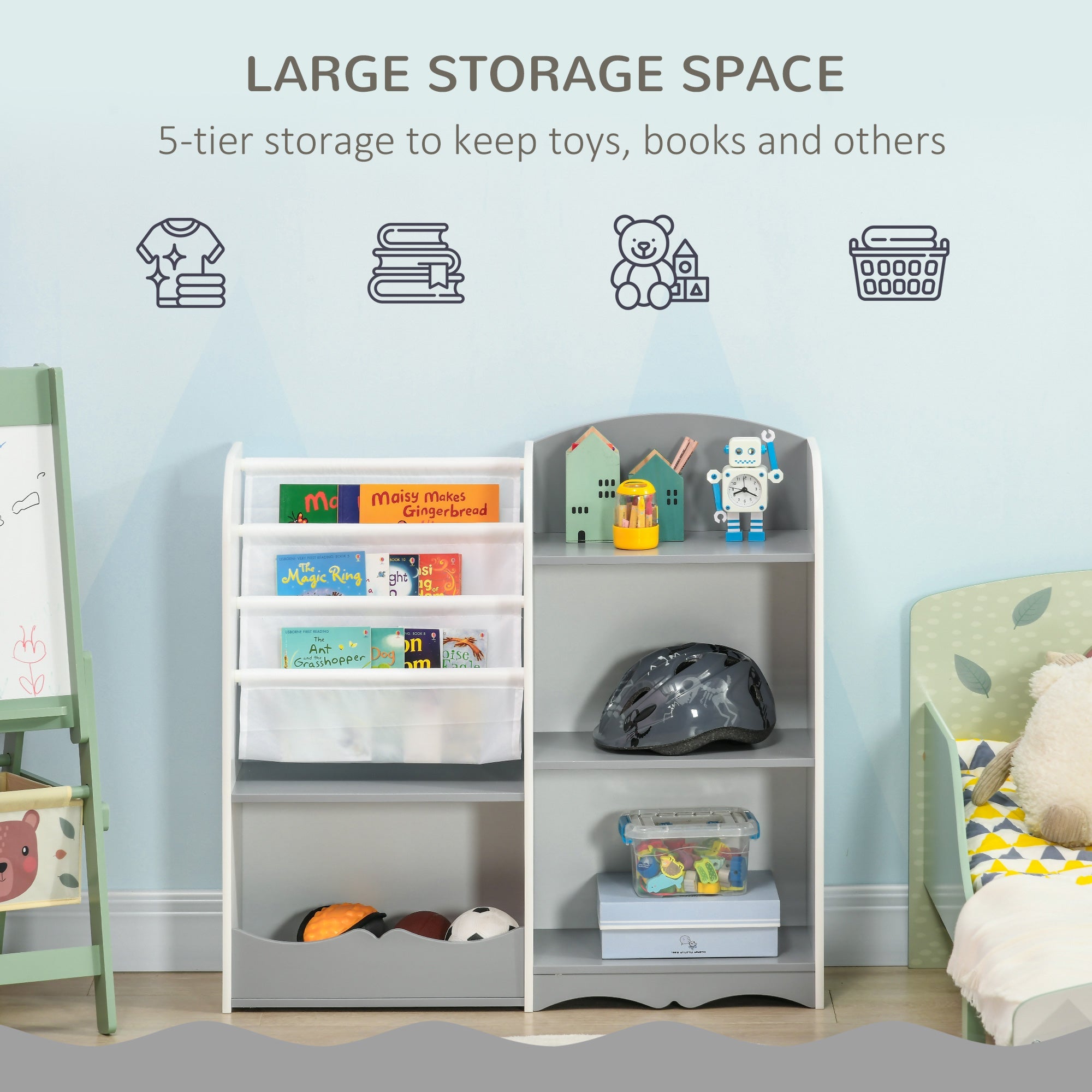 Qaba Kids Toy Storage Organizer Shelf Children Bookshelf for Bedroom Playroom Nursery Grey