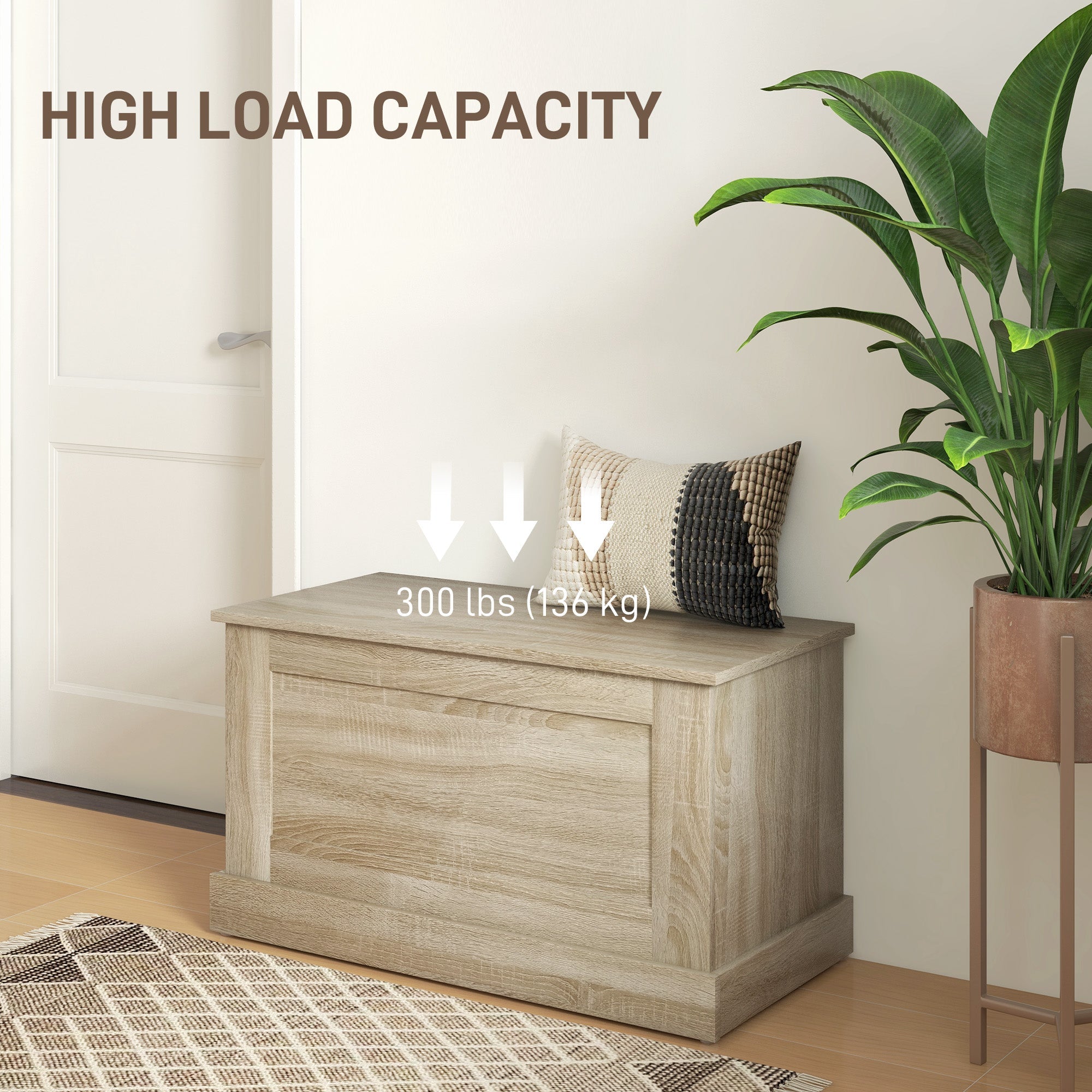 HOMCOM 31.5 Inches Storage Chest, Storage Trunk with Safety Hinge, Wooden Toy Box for Living Room, Natural Wood Grain