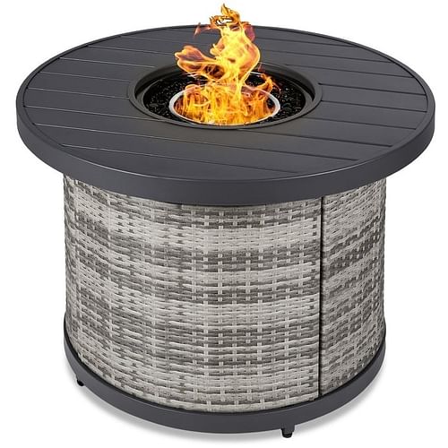 50,000 BTU Grey Wicker Round LP Gas Propane Fire Pit w/ Faux Wood Tabletop and Cover - Free Shipping