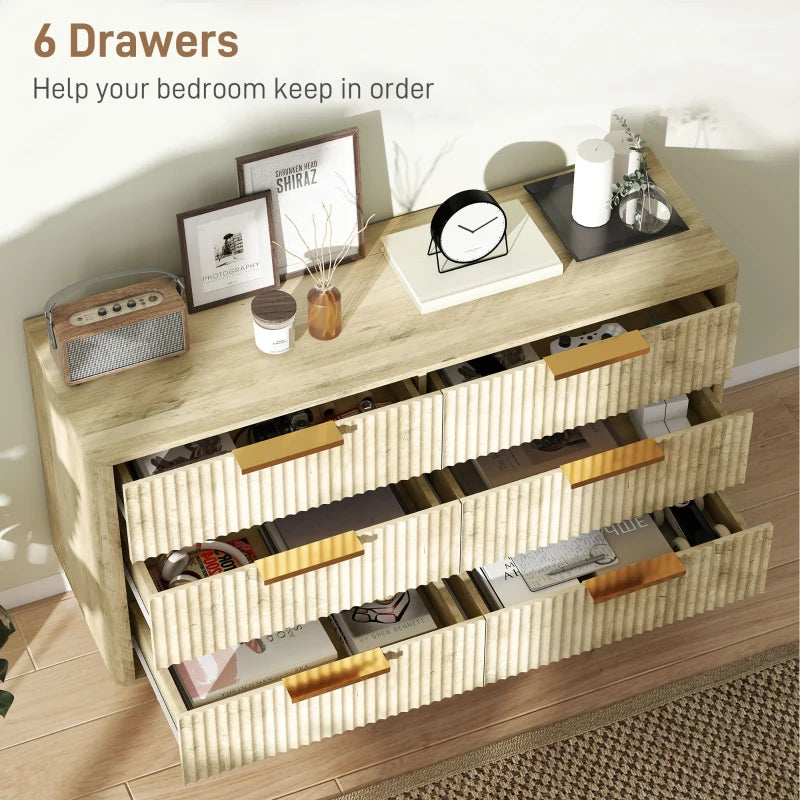 Fluted Chest of Drawers, Modern 6 Drawer Dresser with Pine Wood Legs, Finger Pulls for Closet, Living Room, Hallway, Oak