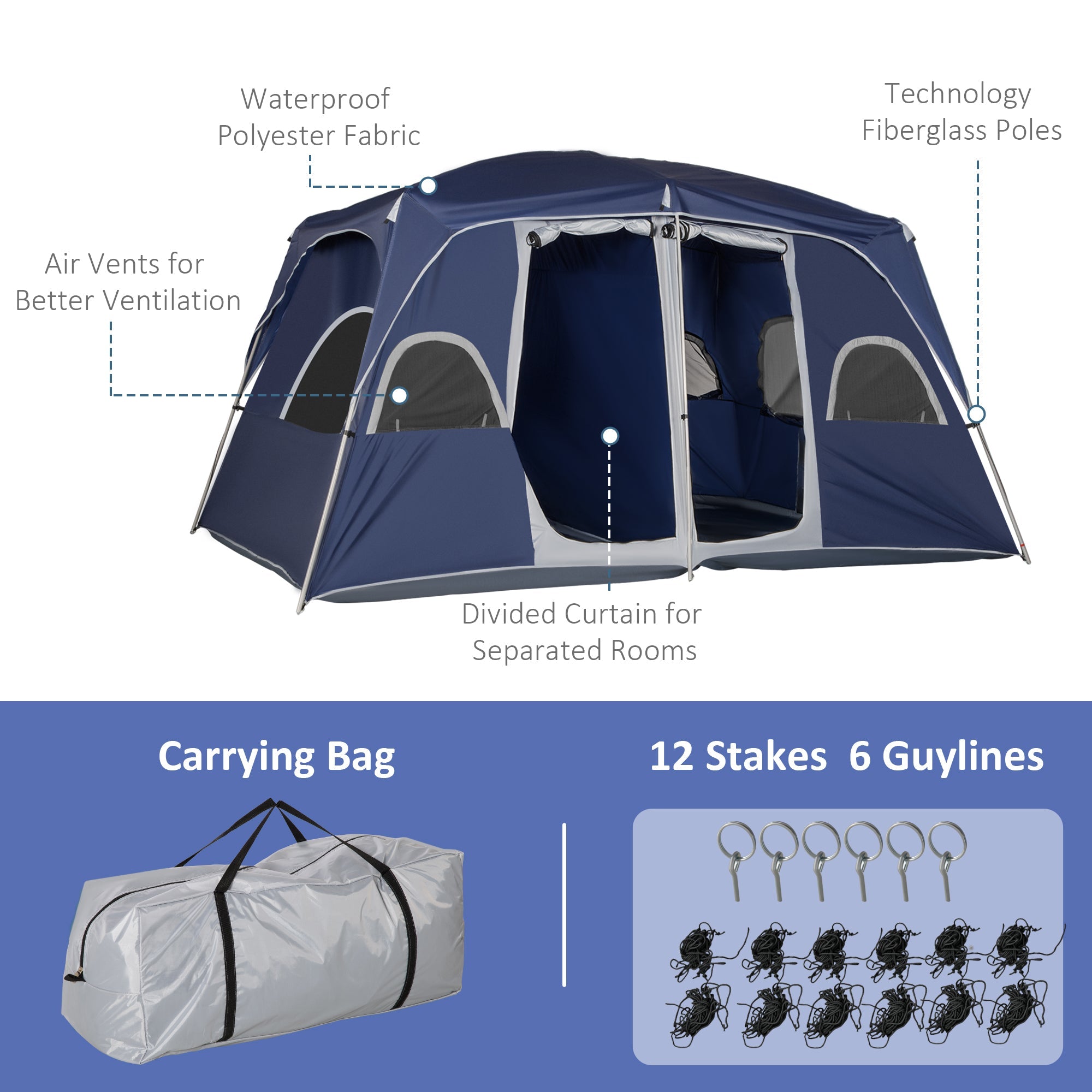 Outsunny Camping Tent, Family Tent 4-8 Person 2 Room, with Large Mesh Windows, Easy Set Up 13'L x 9'W x 7'H, Blue