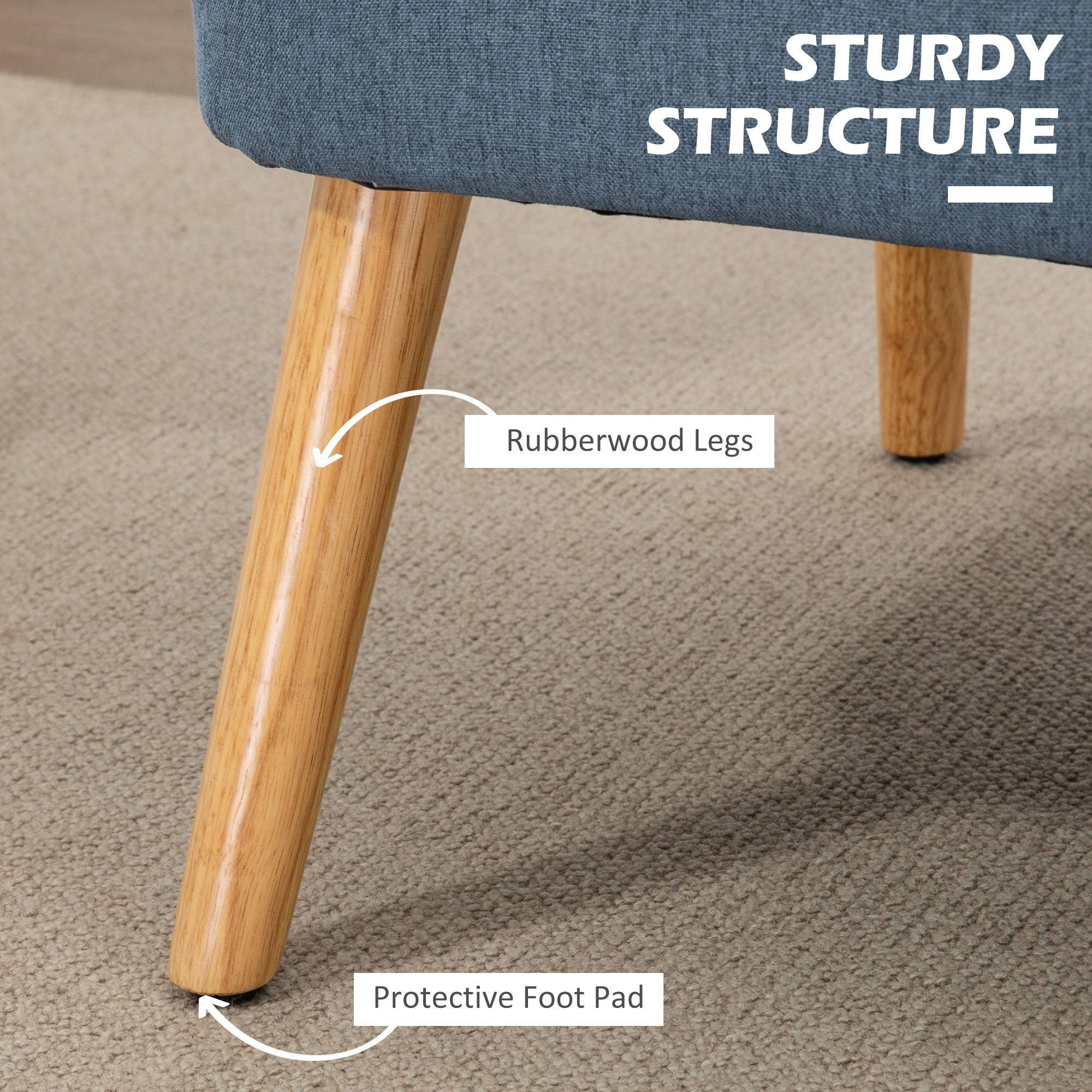 HOMCOM Modern 2 Seat Sofa for Bedroom, Upholstered Two Seater Couch with Rubber Wood Legs, Blue