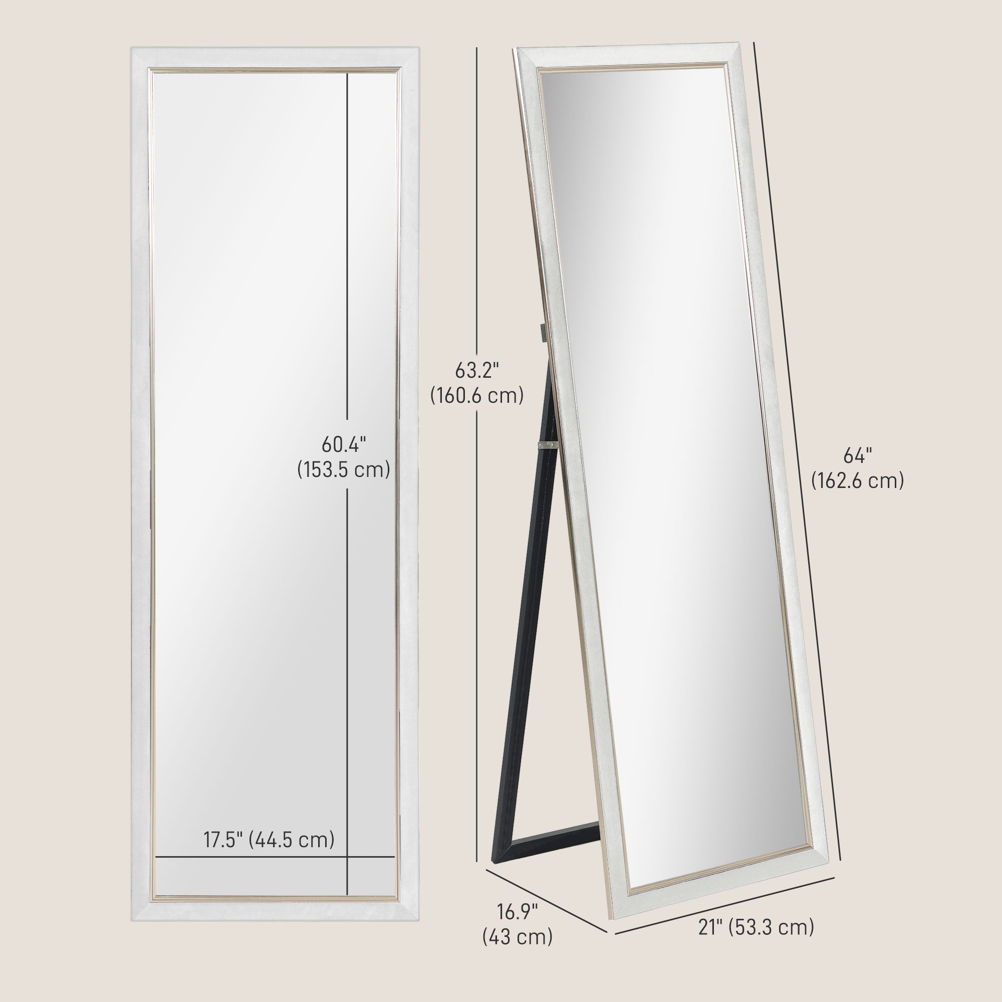 HOMCOM Floor Standing Mirror, Full Body Mirror, Free Standing, Leaning or Wall Mirror with Frame for Bedroom, White