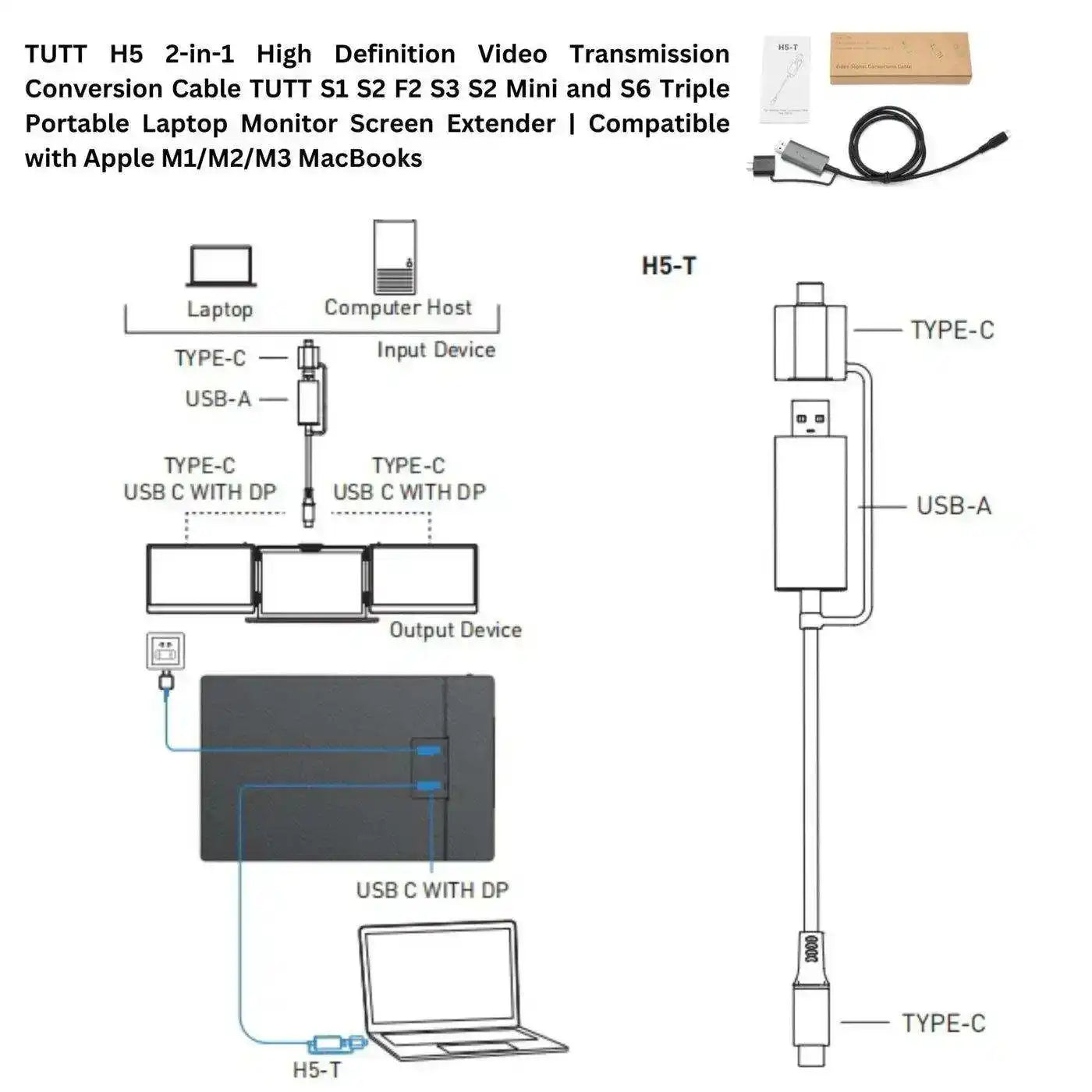 TUTT 15.6″ Dual Screen Portable Monitor, Silver Ultra Thin & Light |USB-C + HDMI Setup, Built-In Speaker + Leather Bag | H5 Video Transmission Cable Included P7