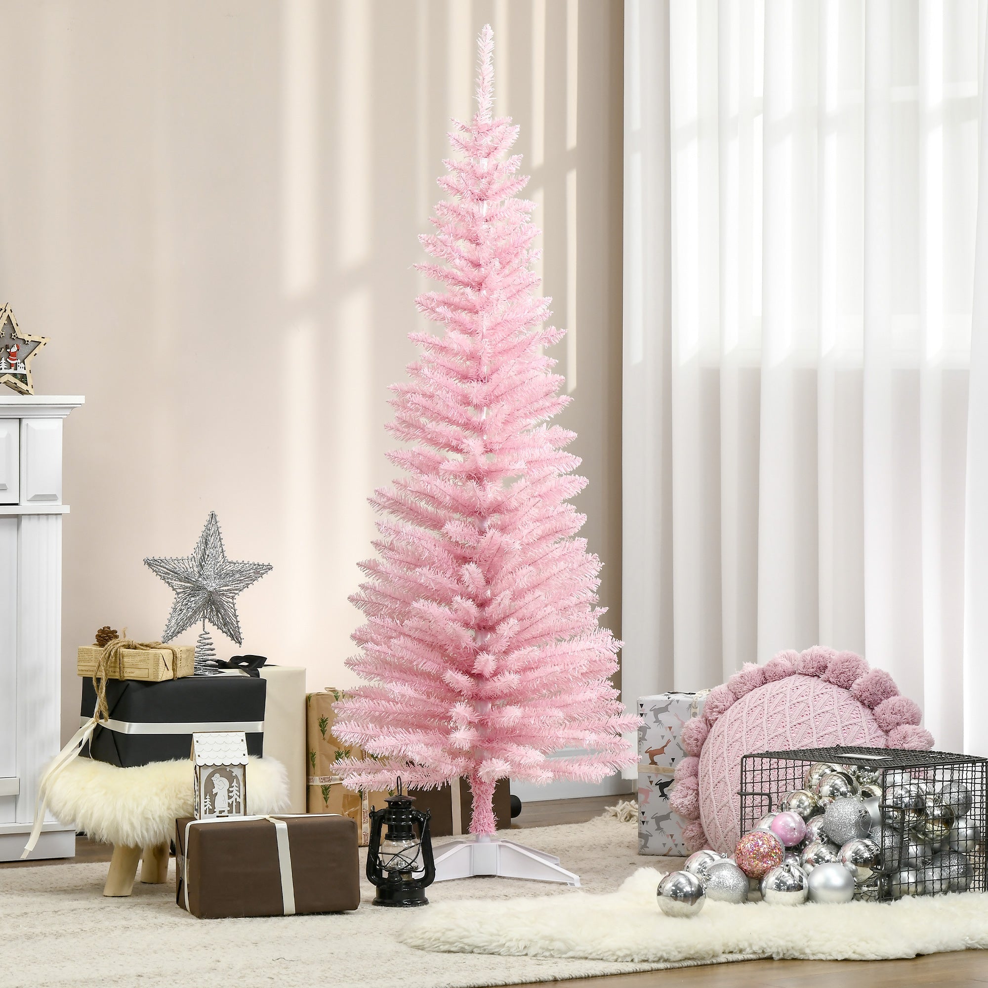 HOMCOM 5FT Artificial Christmas Tree, Pencil Christmas Tree with Realistic Branches, Stable Stand, Pink