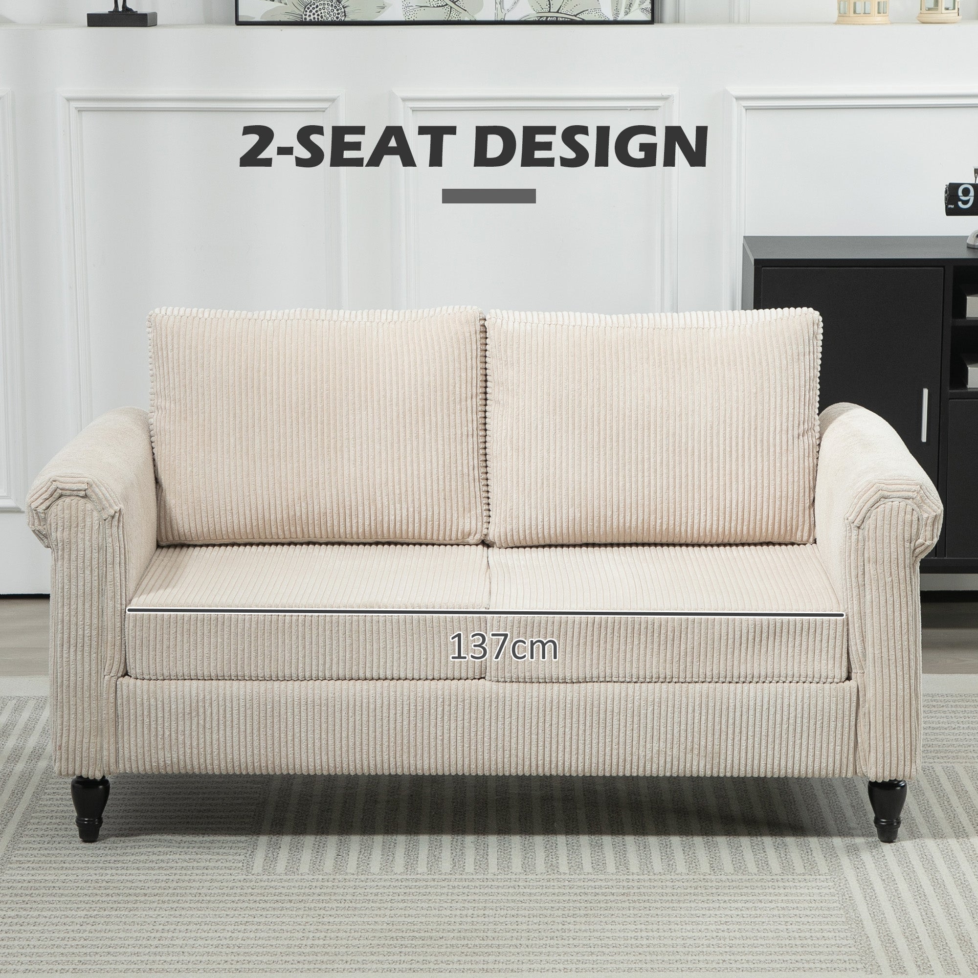 HOMCOM Vintage Loveseat, Upholstered Love Seat Furniture, Fabric 2 Seater Sofa with Rolled Arms, Rubber Wood Legs, Beige