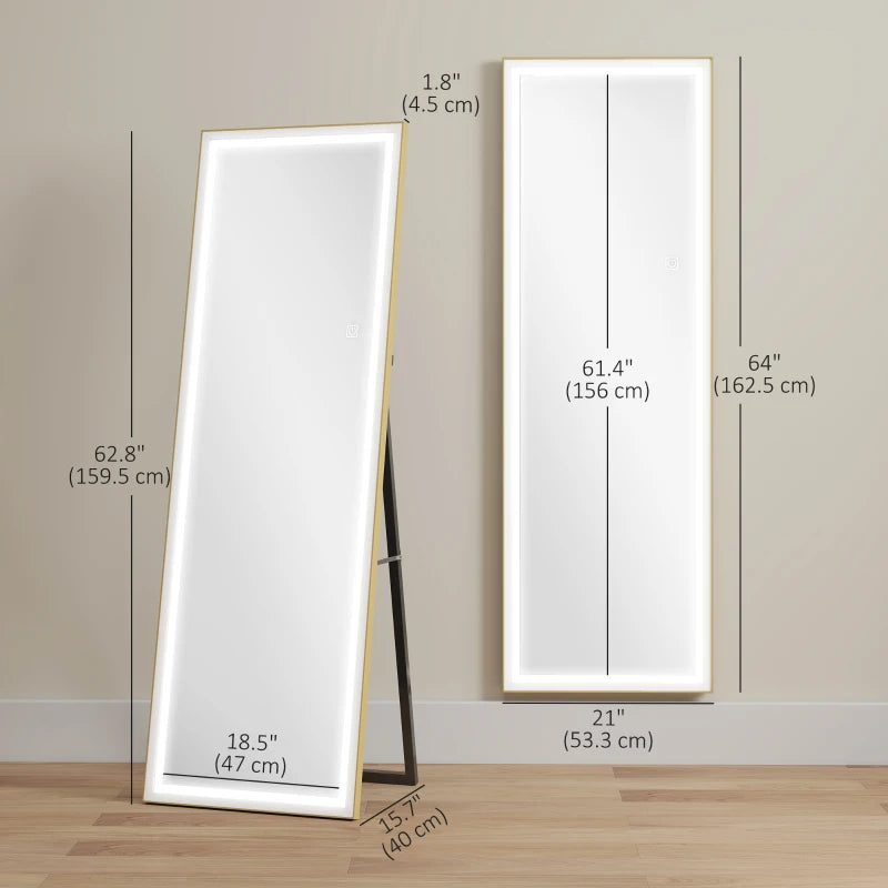 LED Mirror with Dimmable and 3 Colour Lights, 64" x 21" Rectangular Floor Mirror for Bedroom Living Room, Gold
