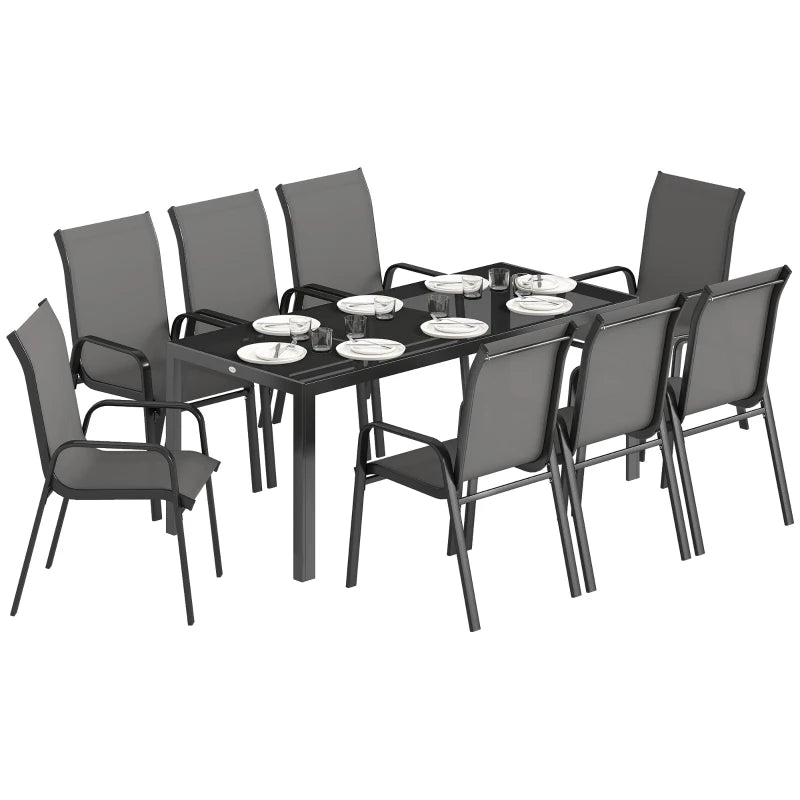 9 Pieces Patio Set with Stackable Chairs, Patio Dining Set with Glass Top for Garden, Patio, Backyard, Dark Grey