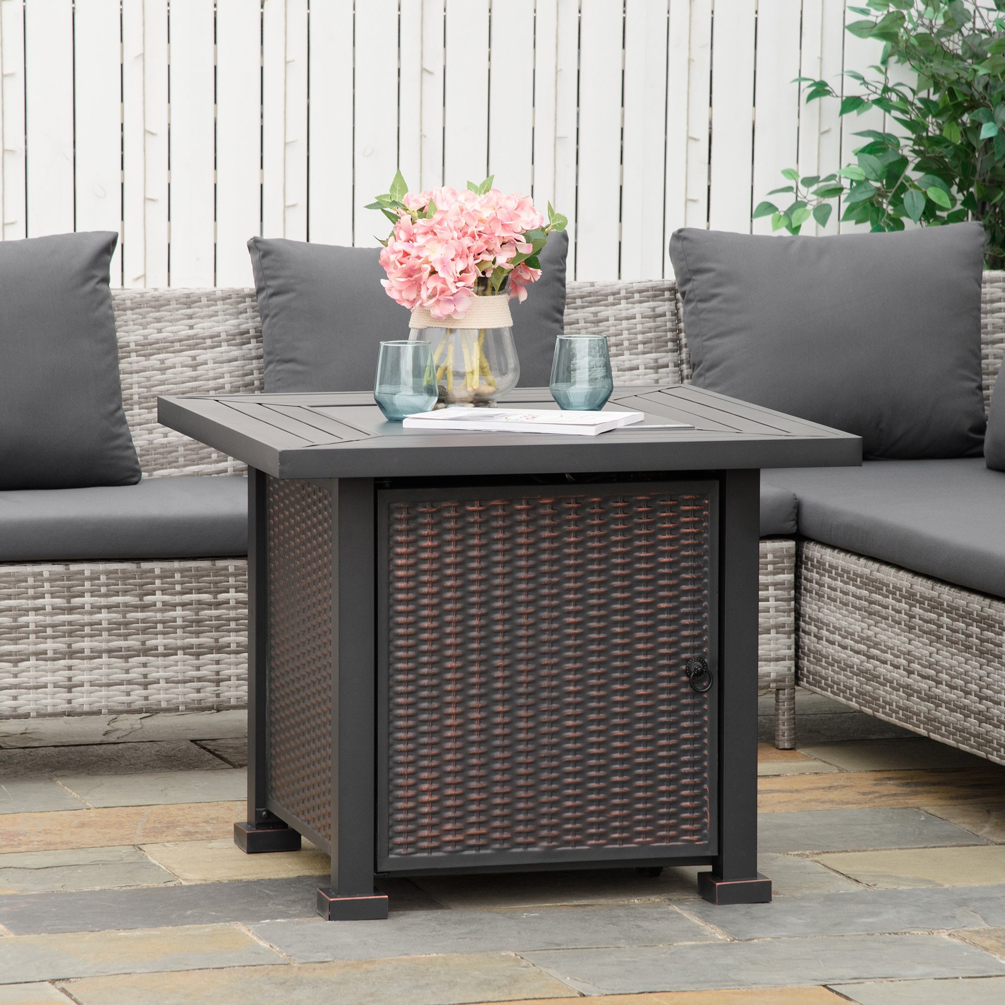 Outsunny 32" Propane Gas Fire Pit Table, 50,000 BTU, CSA Certified, with Wind Guard and Lid, Square Patio Heater - Black