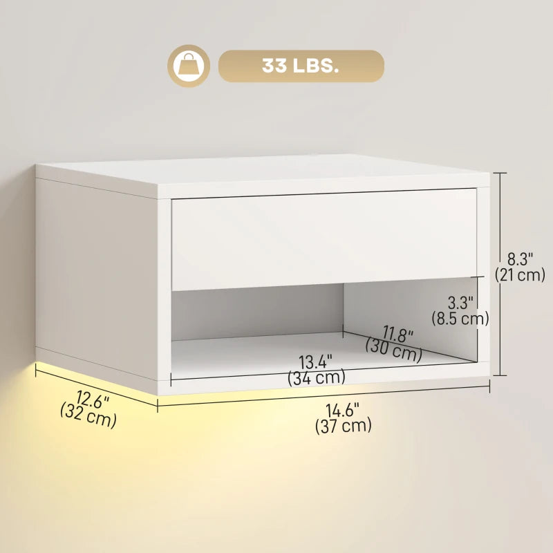 Floating Bedside Table Set of 2 with RGB LED Lights, App-Controlled Wall Mounted Nightstands with Drawer & Open Shelf, White