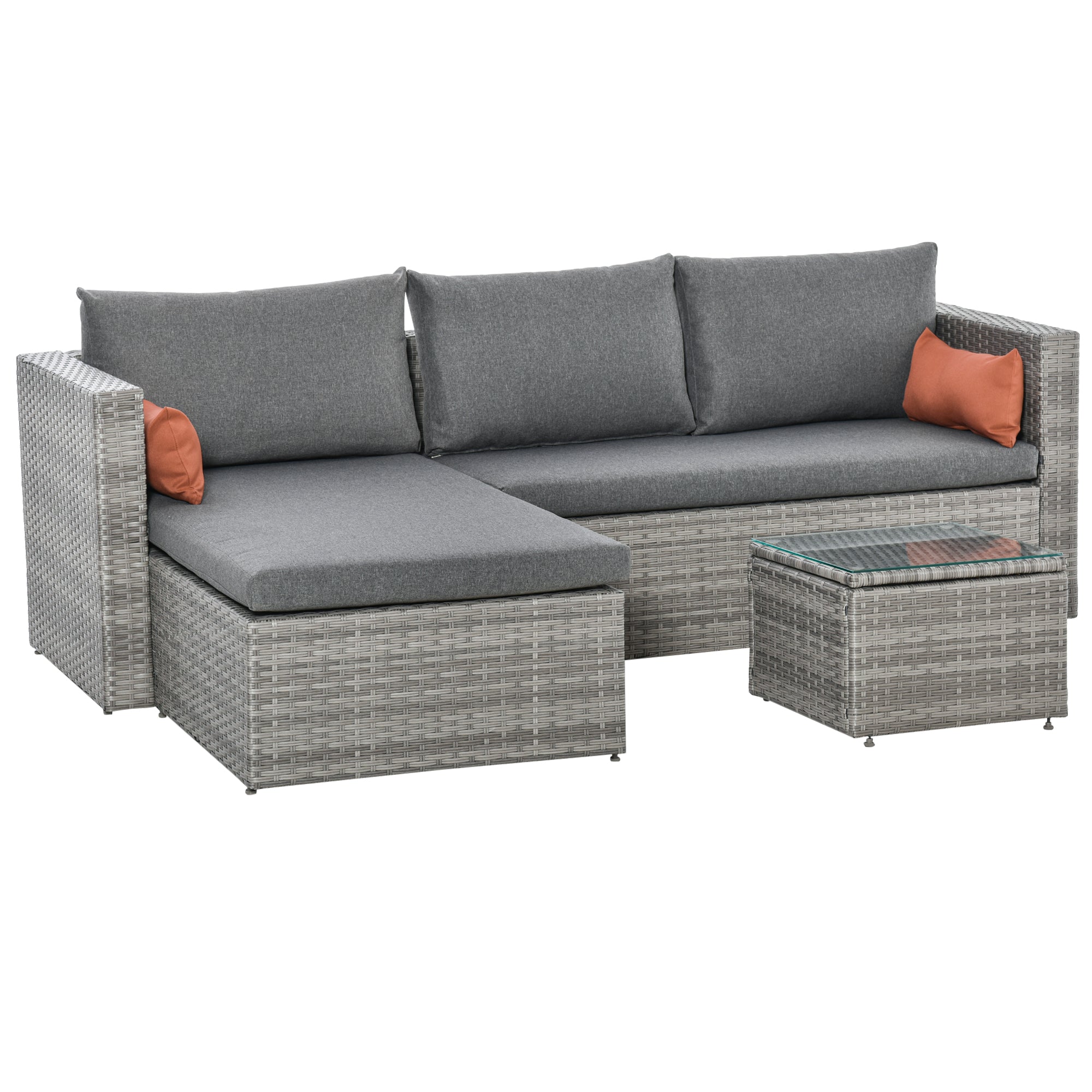 Outsunny 3 Piece Wicker Patio Furniture Set Outdoor Sectional Conversation Couch with Cushions Table Grey